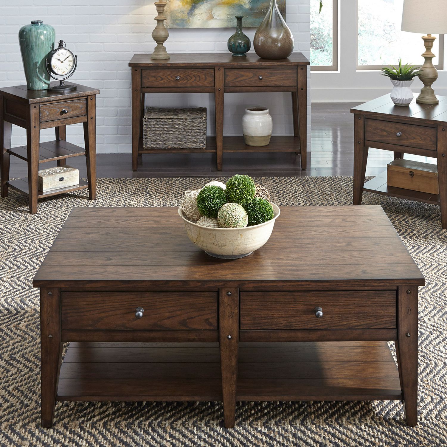 Lake House Coffee Table Set | Rustic Oak Wood Storage Tables