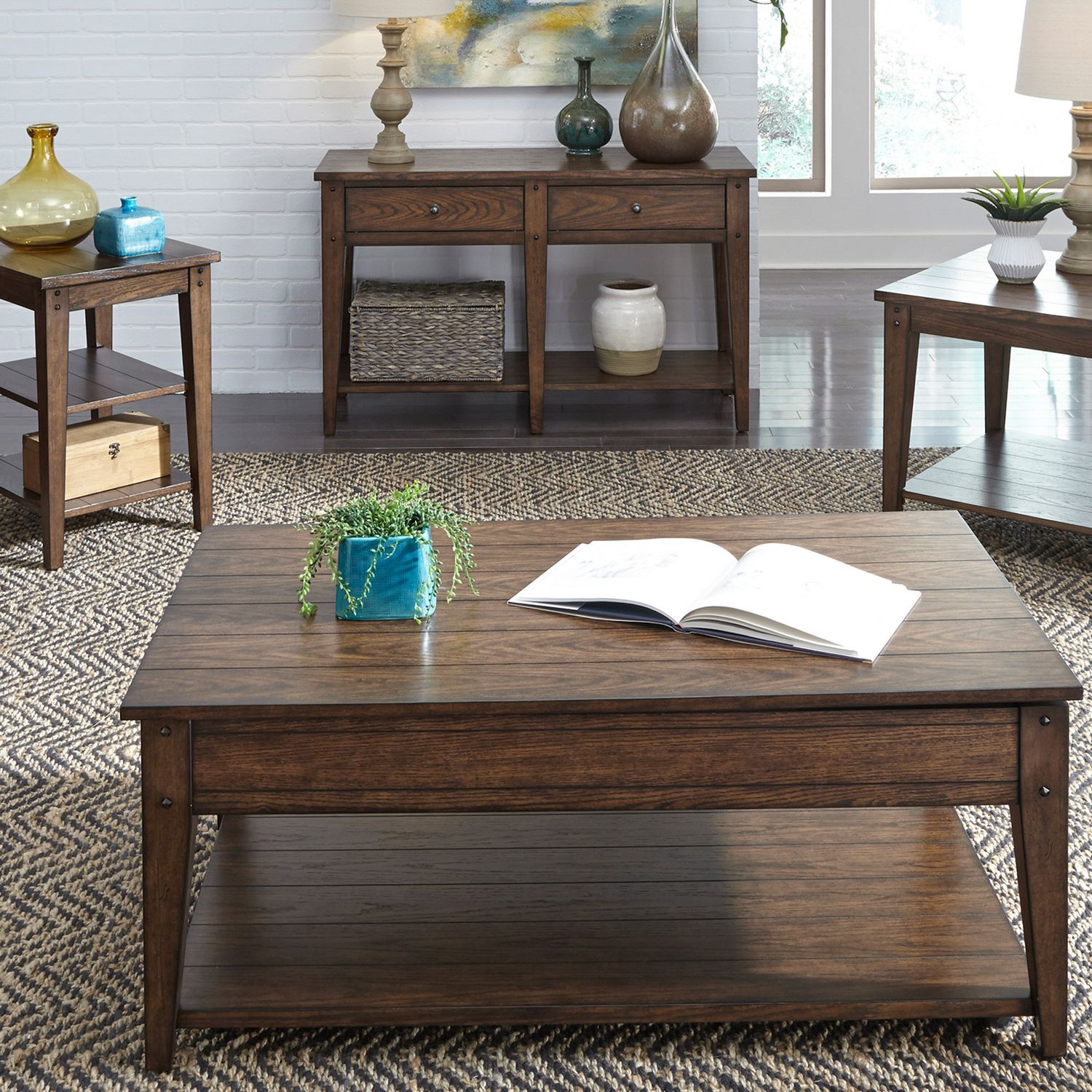 Lake House Rectangular Wood Storage Tiered Table
