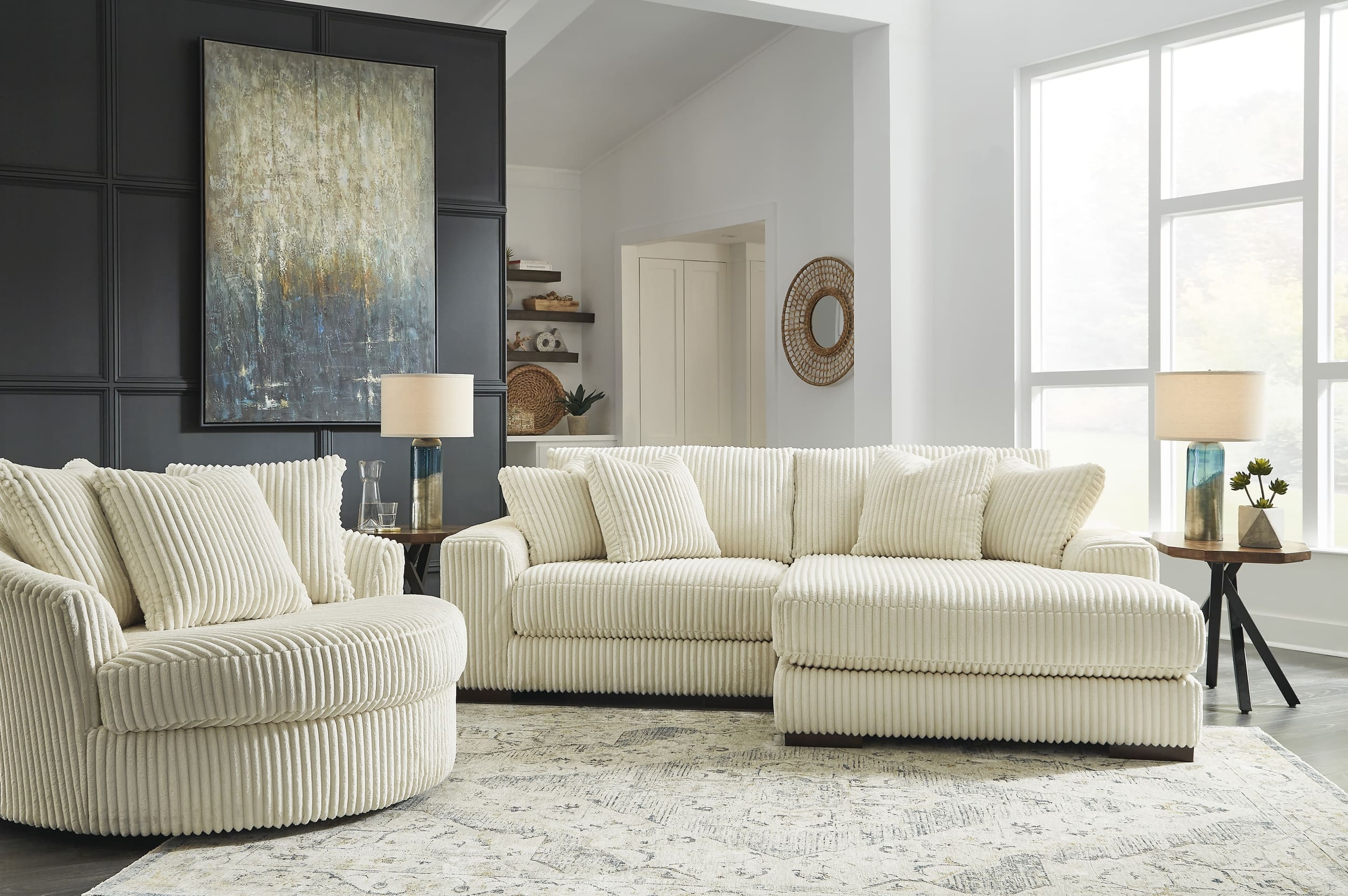 Lindyn Ivory Oversized Swivel Accent Chair And Sofa Chaise