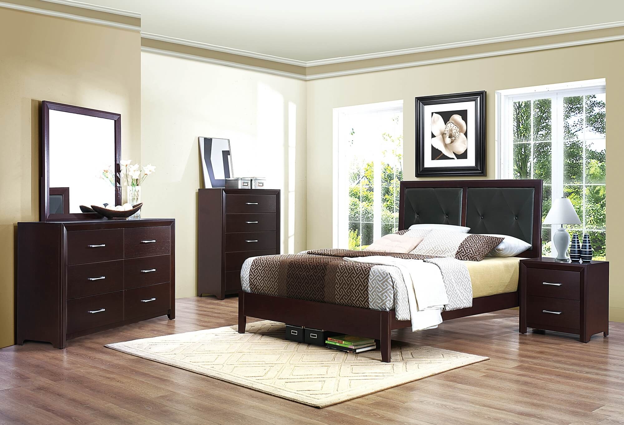 Edina Leatherette/Wood Veneer Panel Bed, Full Size
