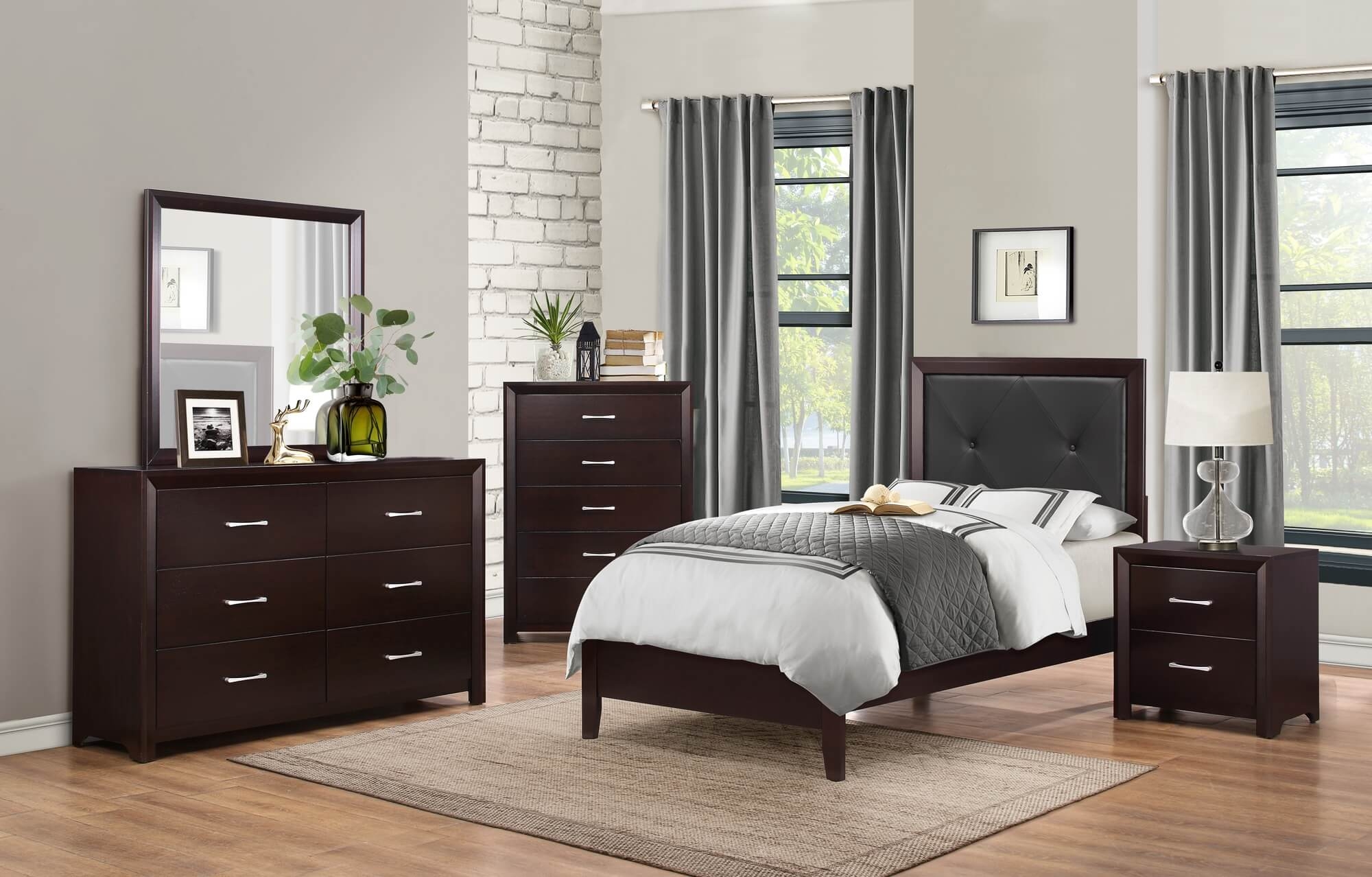Edina Leatherette/Wood Veneer Panel Bed, Twin Size