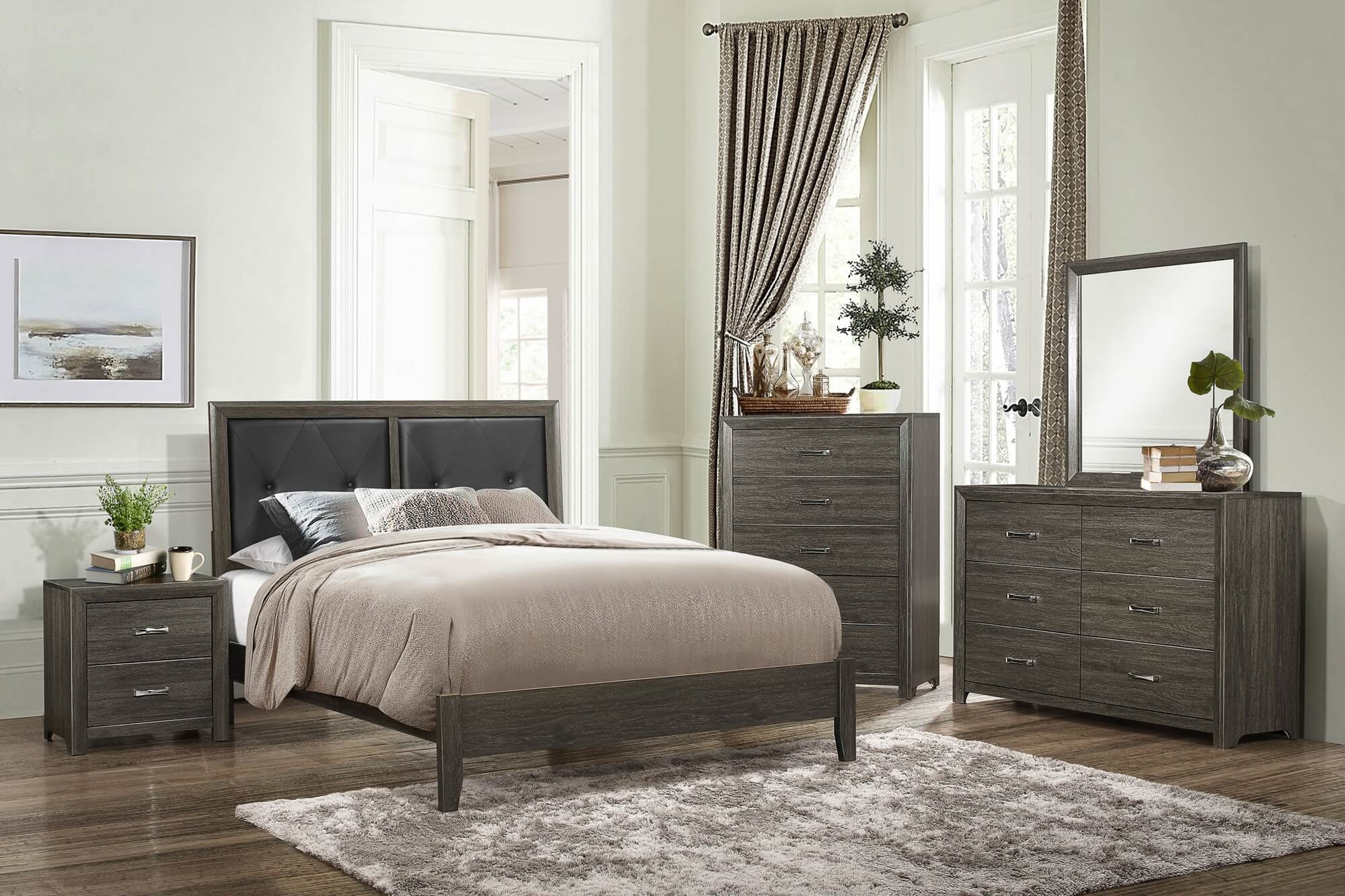 Edina Leatherette/Wood Veneer Panel Bed, Queen Size