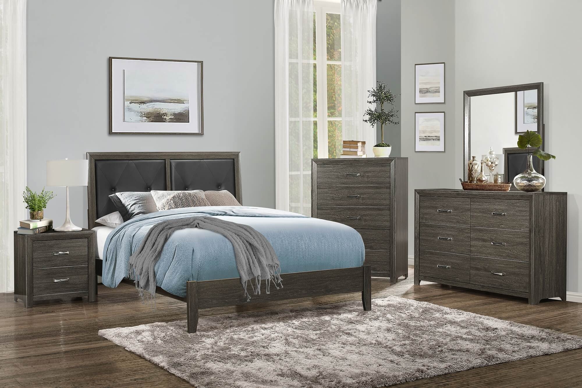Edina Leatherette/Wood Veneer Panel Bedroom Set