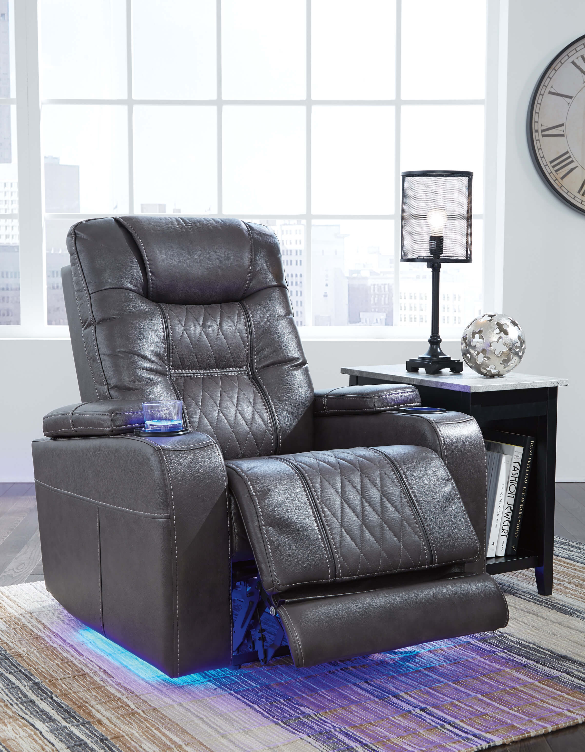 Composer Polyester/PU Power Recliner w/Ambient Blue LED Lighting
