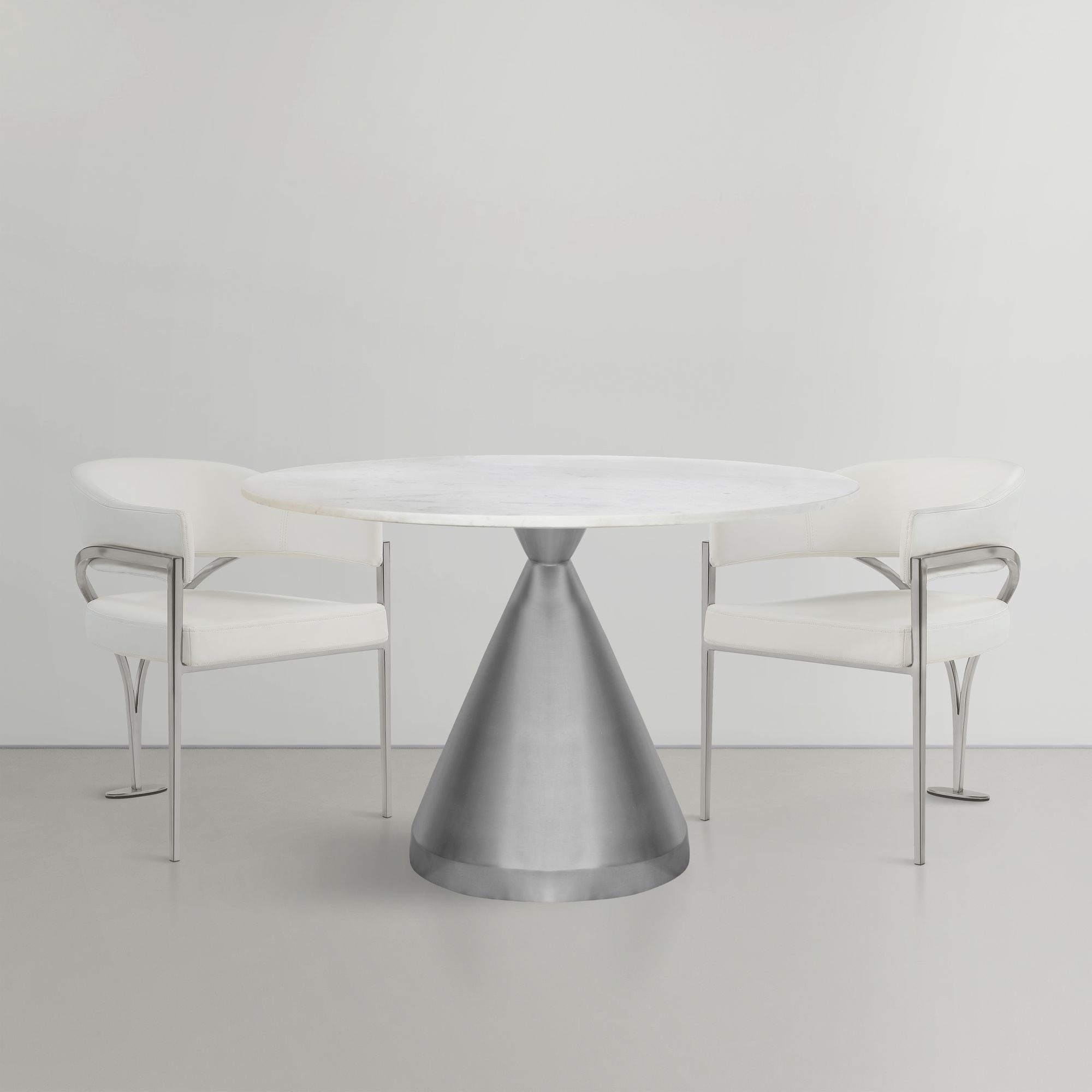 Emery 48" Round Marble Dining Table with Brushed Silver Stainless Steel Base