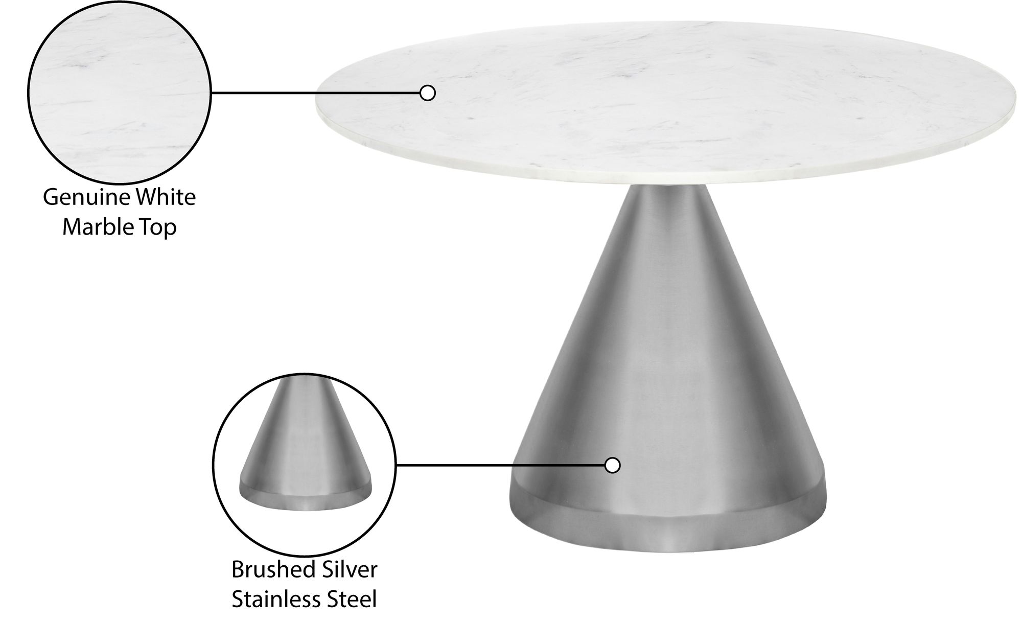 Emery 48" Round Marble Dining Table with Brushed Silver Stainless Steel Base