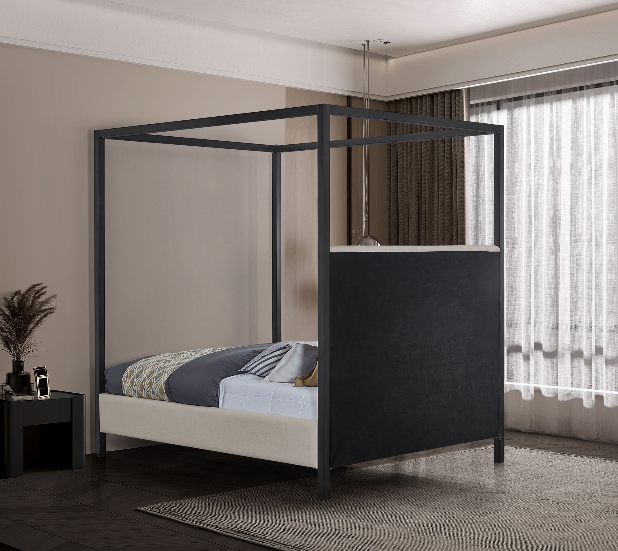 James Linen Fabric Full Size Canopy Bed
