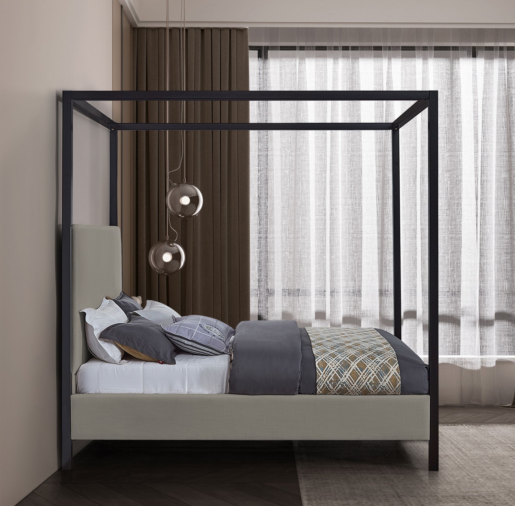 James Linen Fabric Full Size Canopy Bed