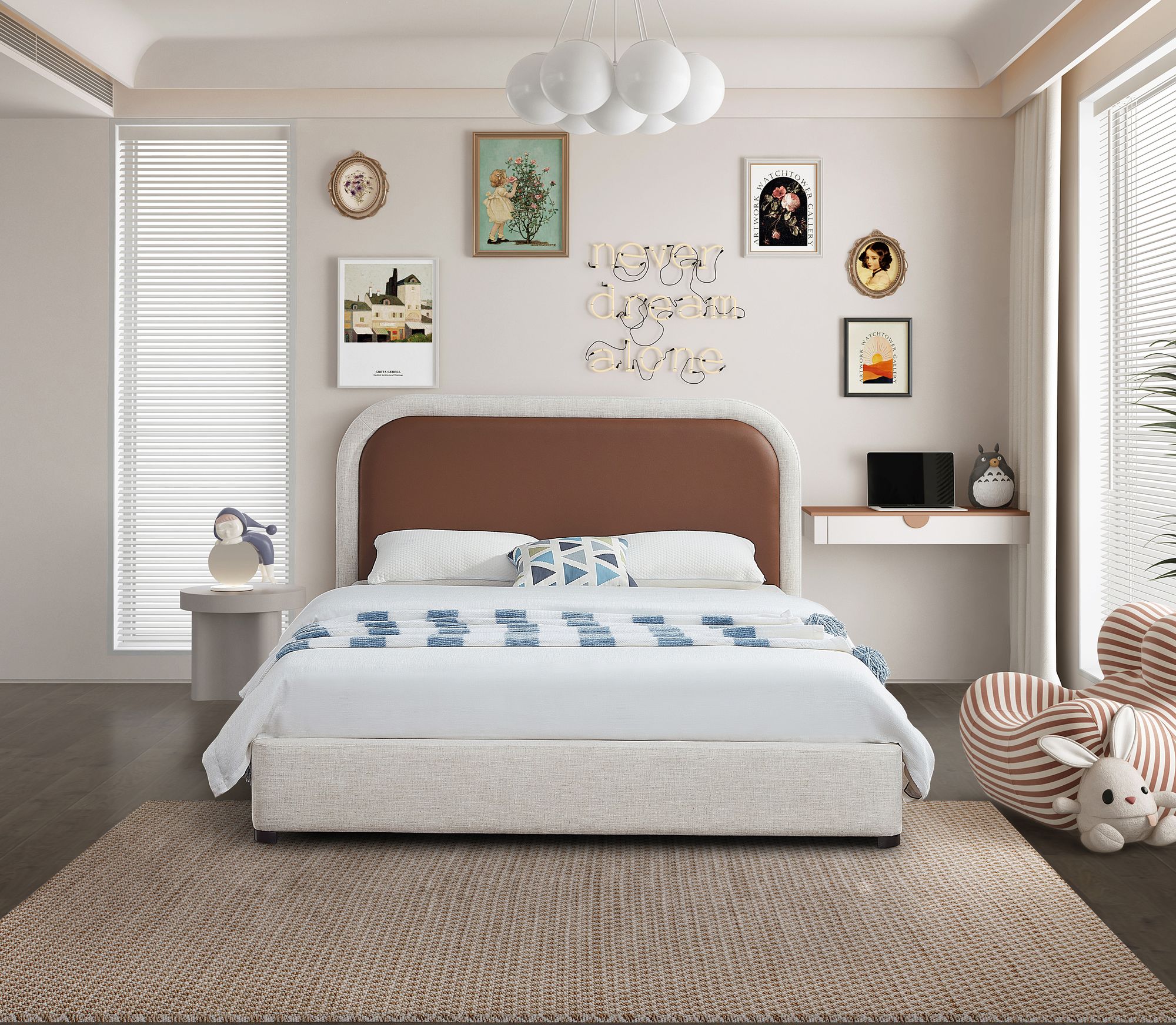 Blake Two Tone Faux Leather & Linen Fabric Full Size Bed