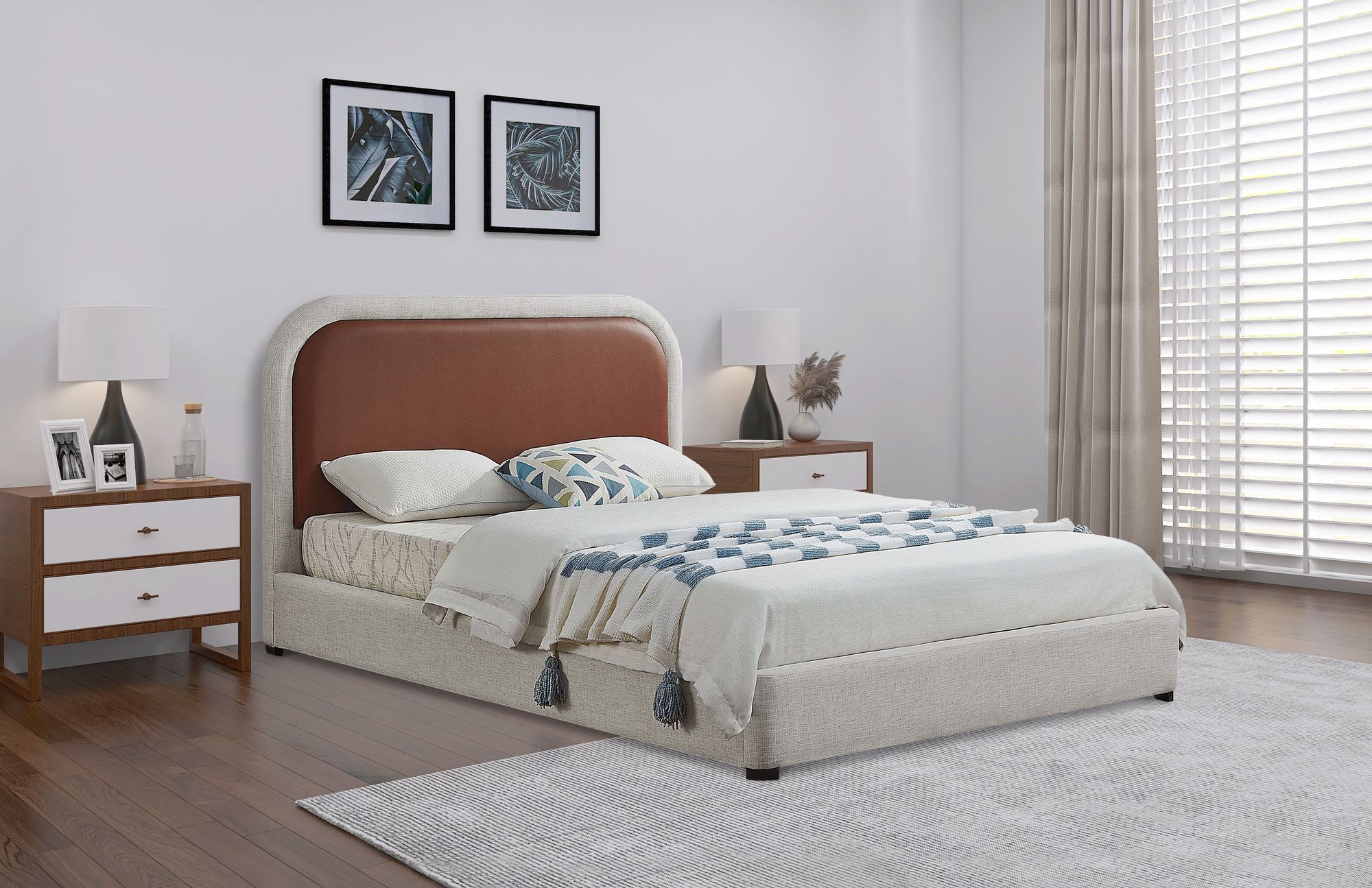Blake Two Tone Faux Leather & Linen Fabric King Size Bed