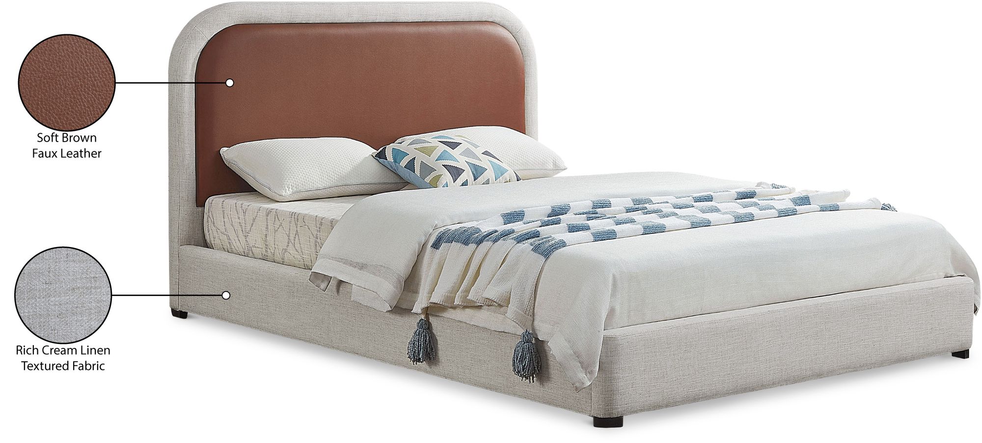 Blake Two Tone Faux Leather & Linen Fabric King Size Bed