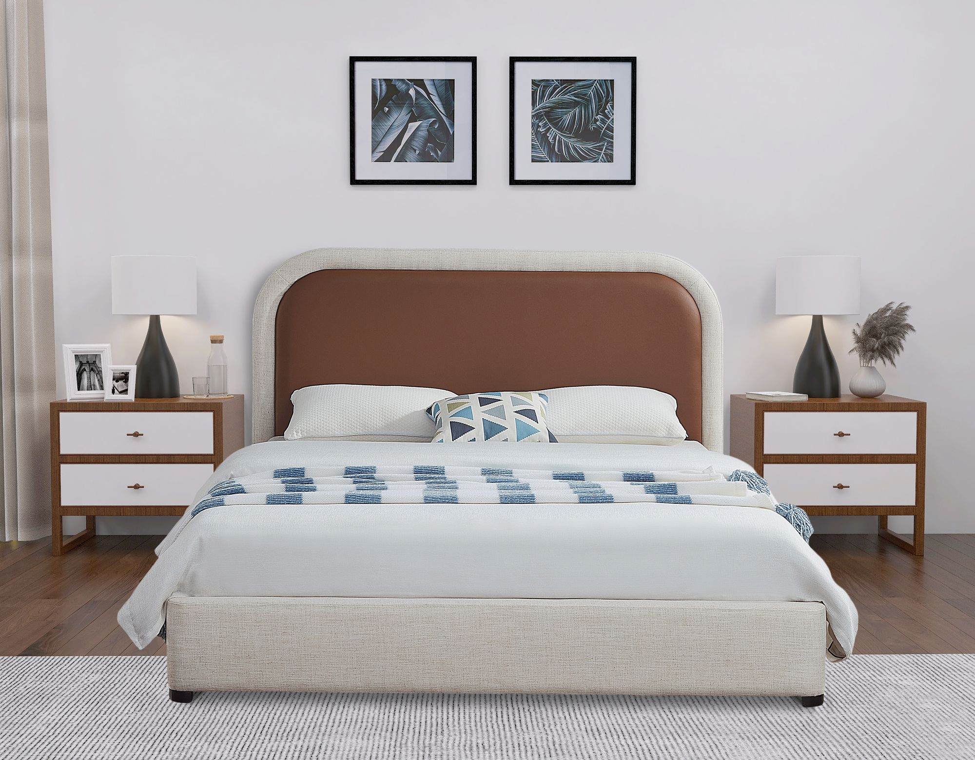 Blake Two Tone Faux Leather & Linen Fabric Queen Size Bed