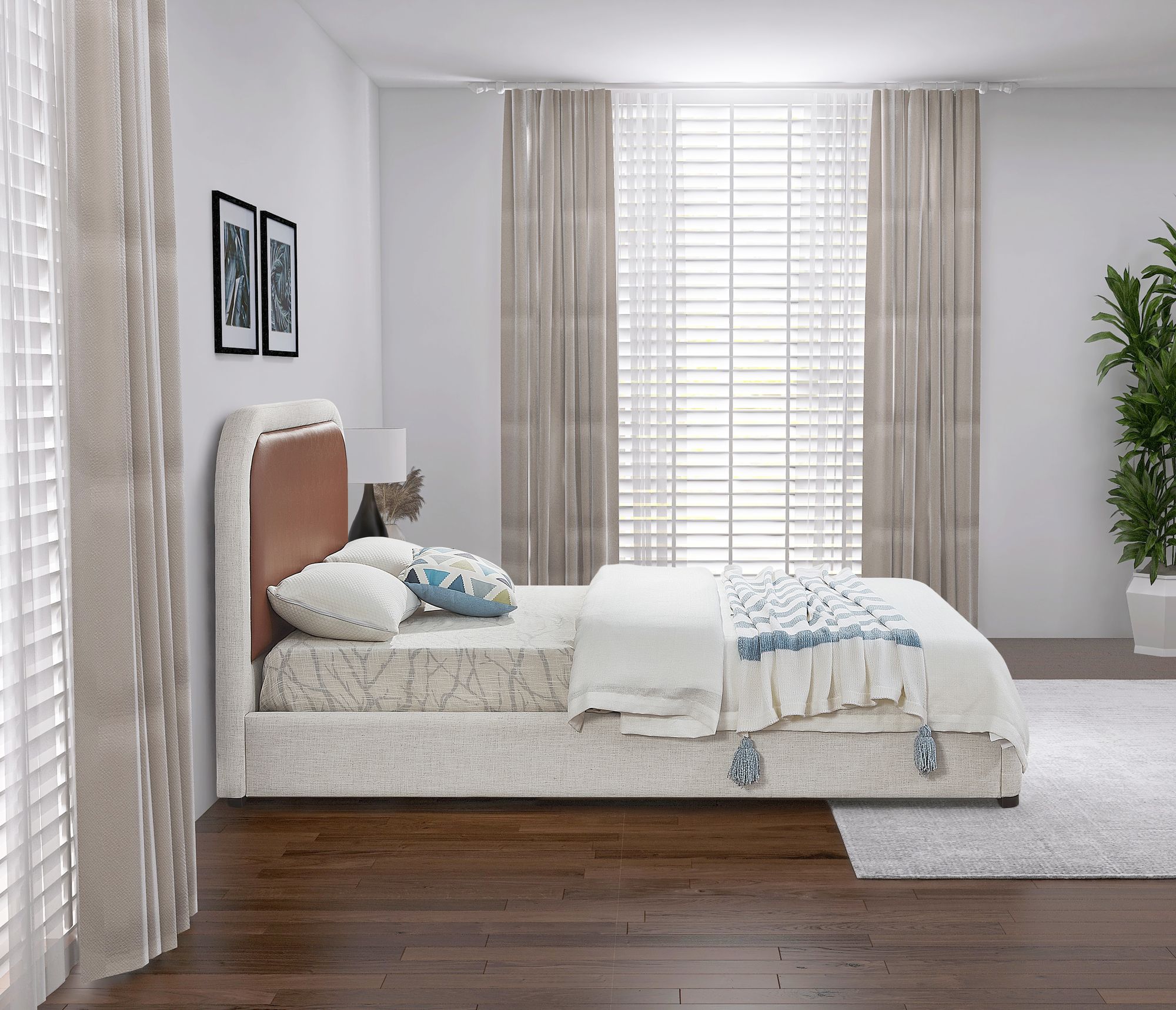 Blake Two Tone Faux Leather & Linen Fabric Queen Size Bed