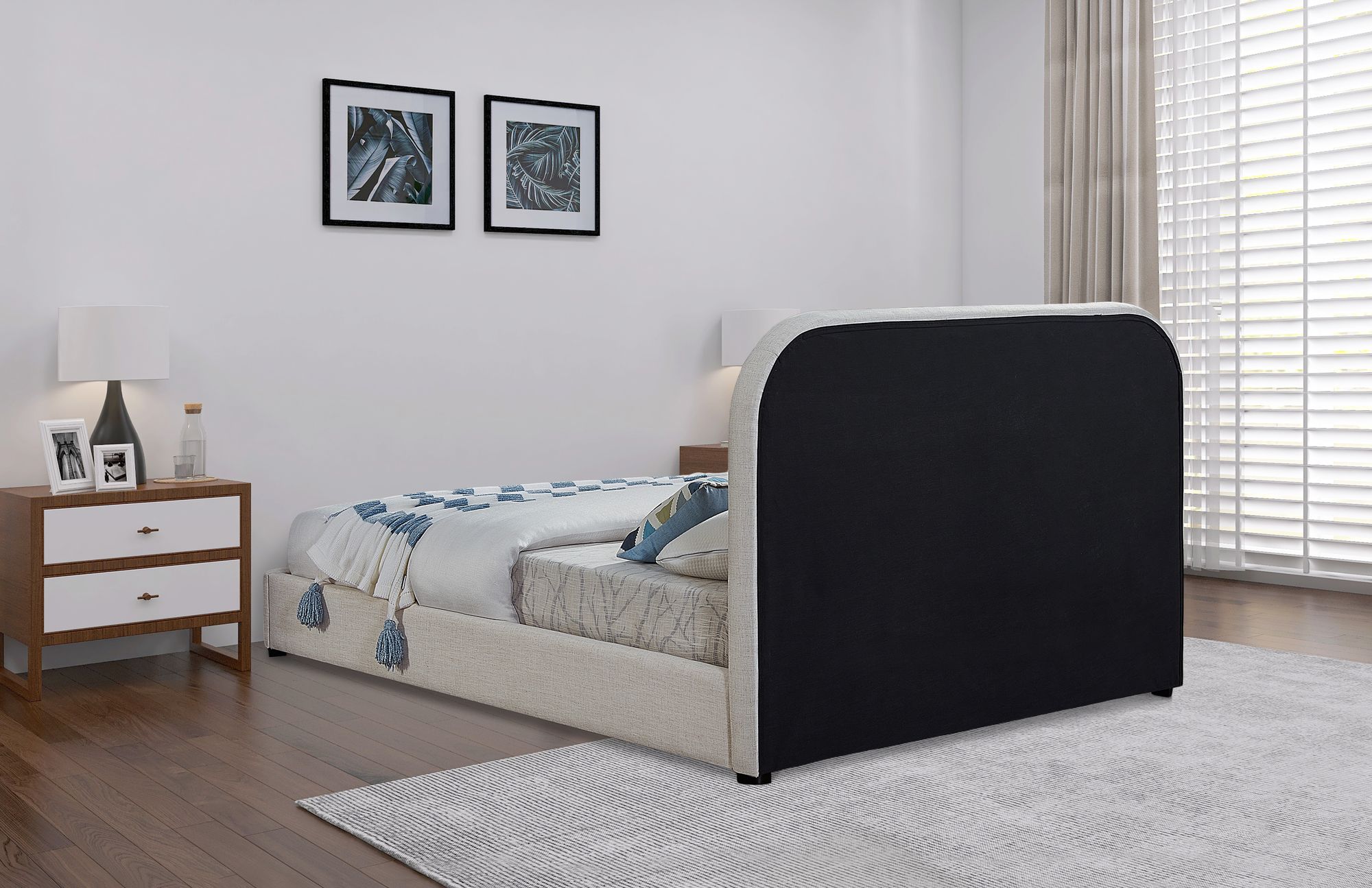 Blake Two Tone Faux Leather & Linen Fabric Queen Size Bed