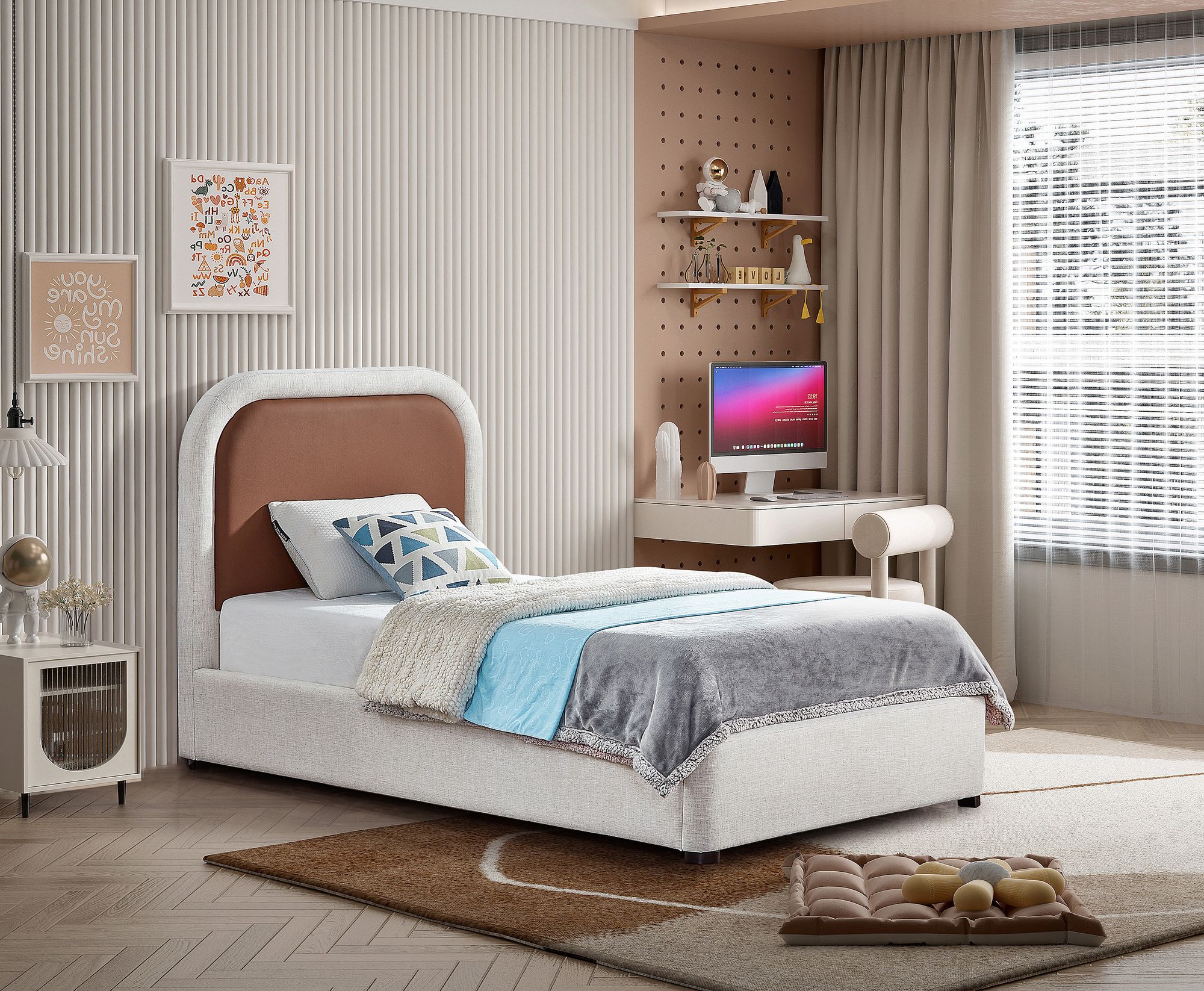 Blake Two Tone Faux Leather & Linen Fabric Twin Size Bed