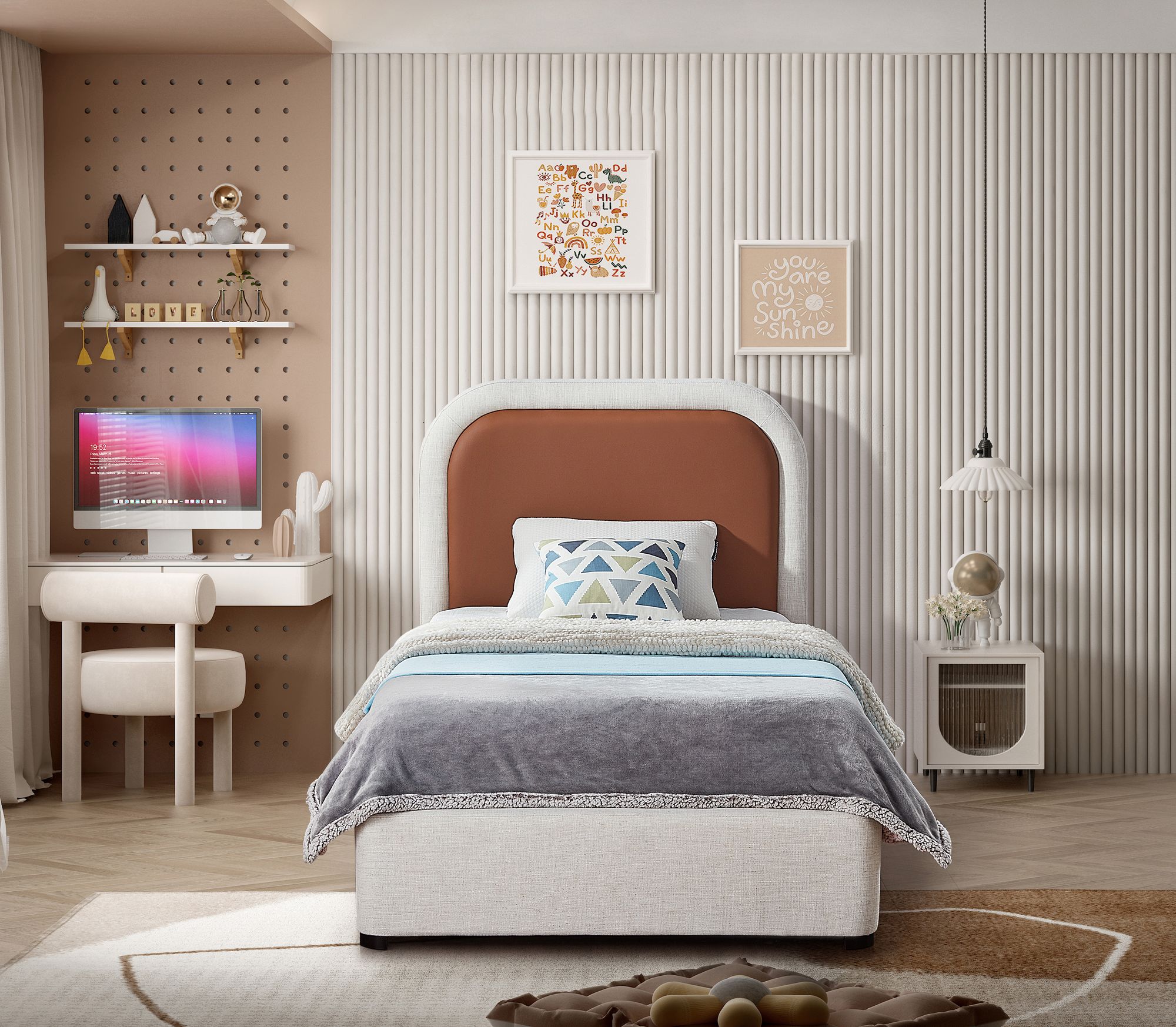 Blake Two Tone Faux Leather & Linen Fabric Twin Size Bed
