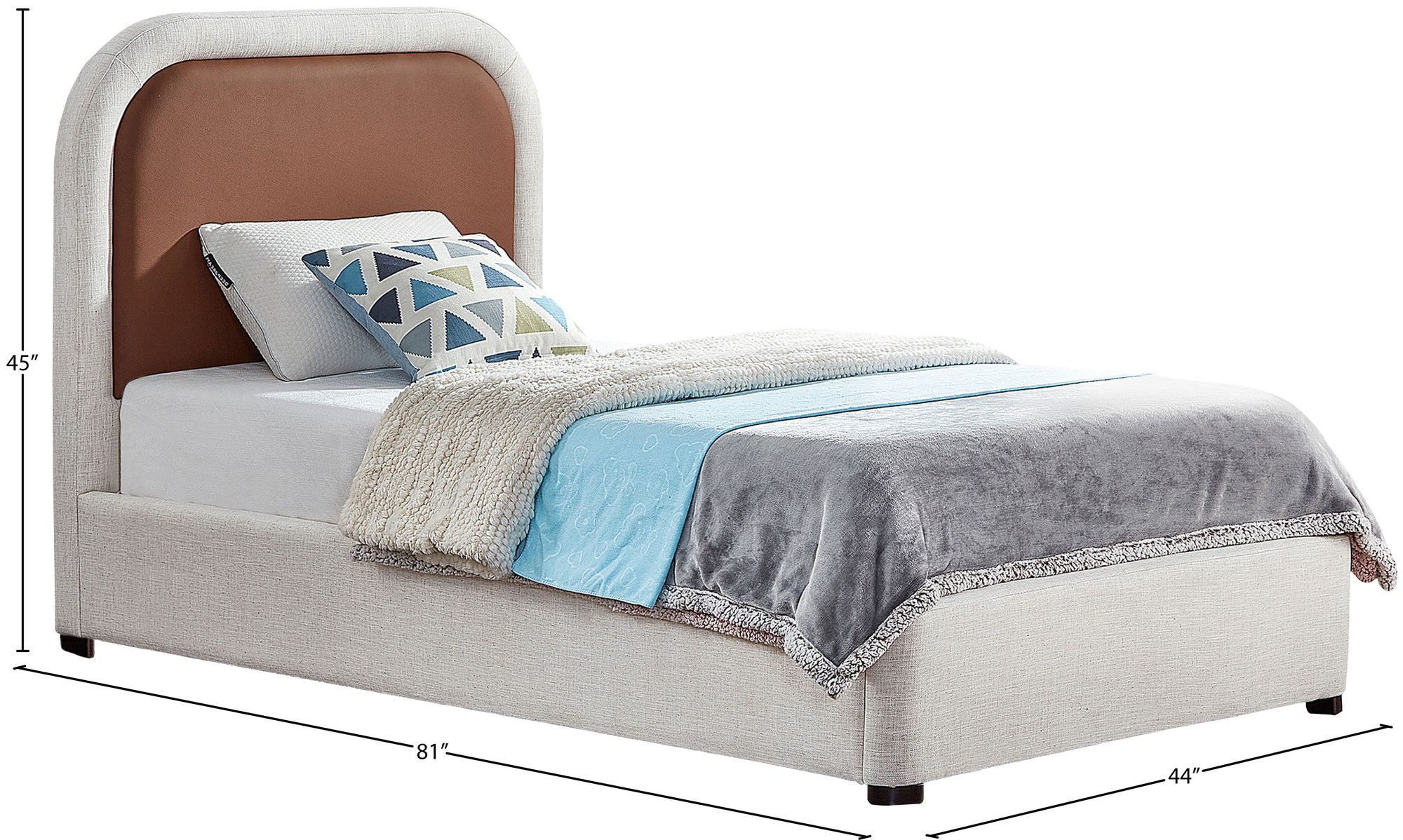 Blake Two Tone Faux Leather & Linen Fabric Twin Size Bed