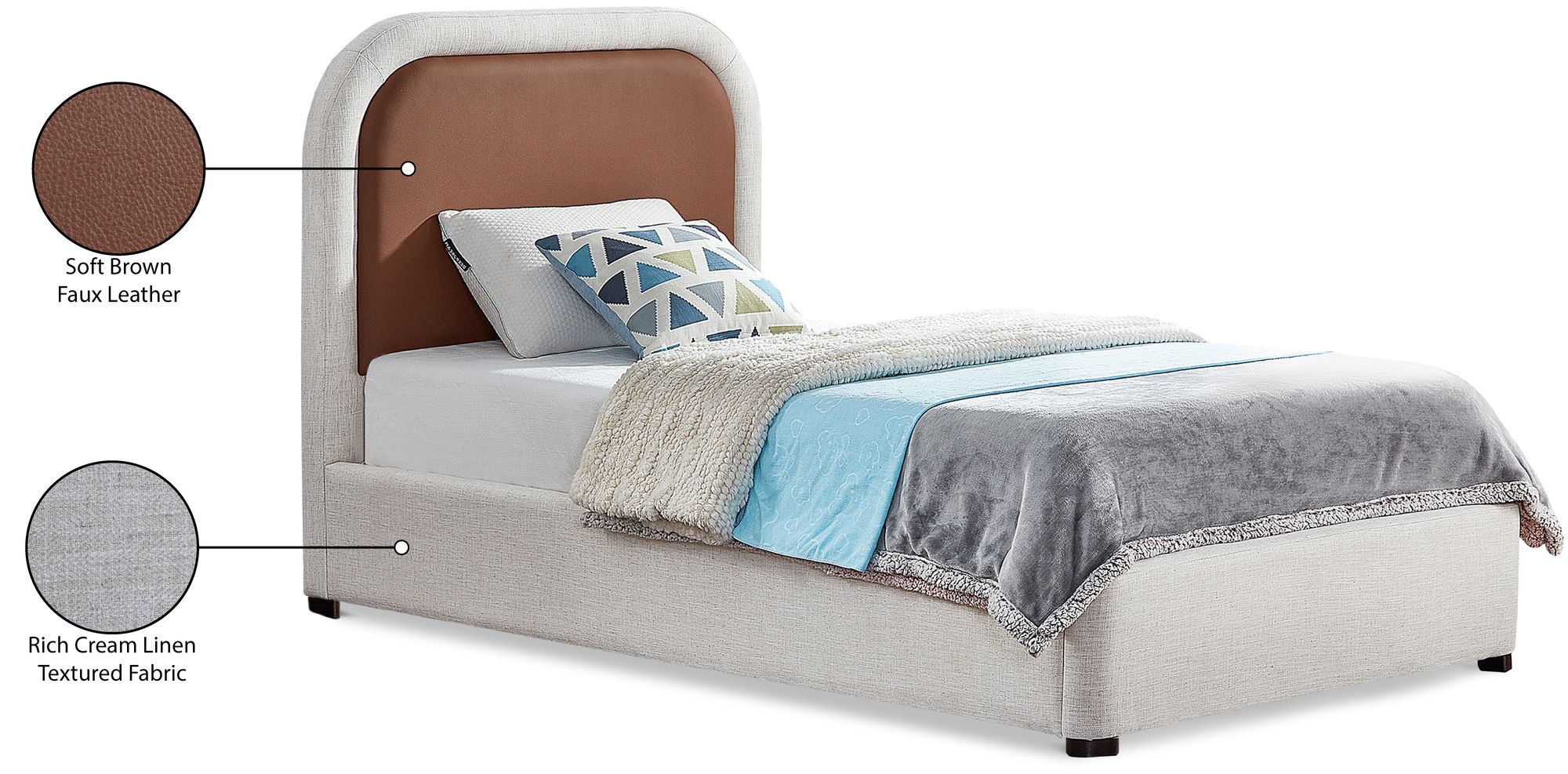 Blake Two Tone Faux Leather & Linen Fabric Twin Size Bed