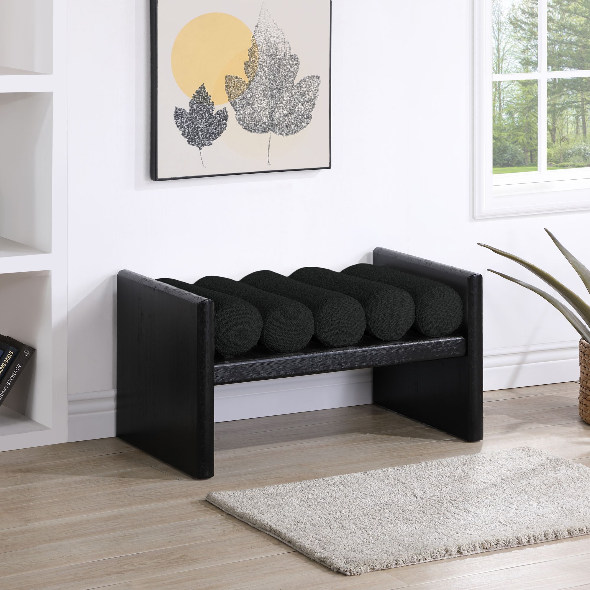 Waverly 32" Boucle Fabric Bench with Solid Wood Rich Black Finish
