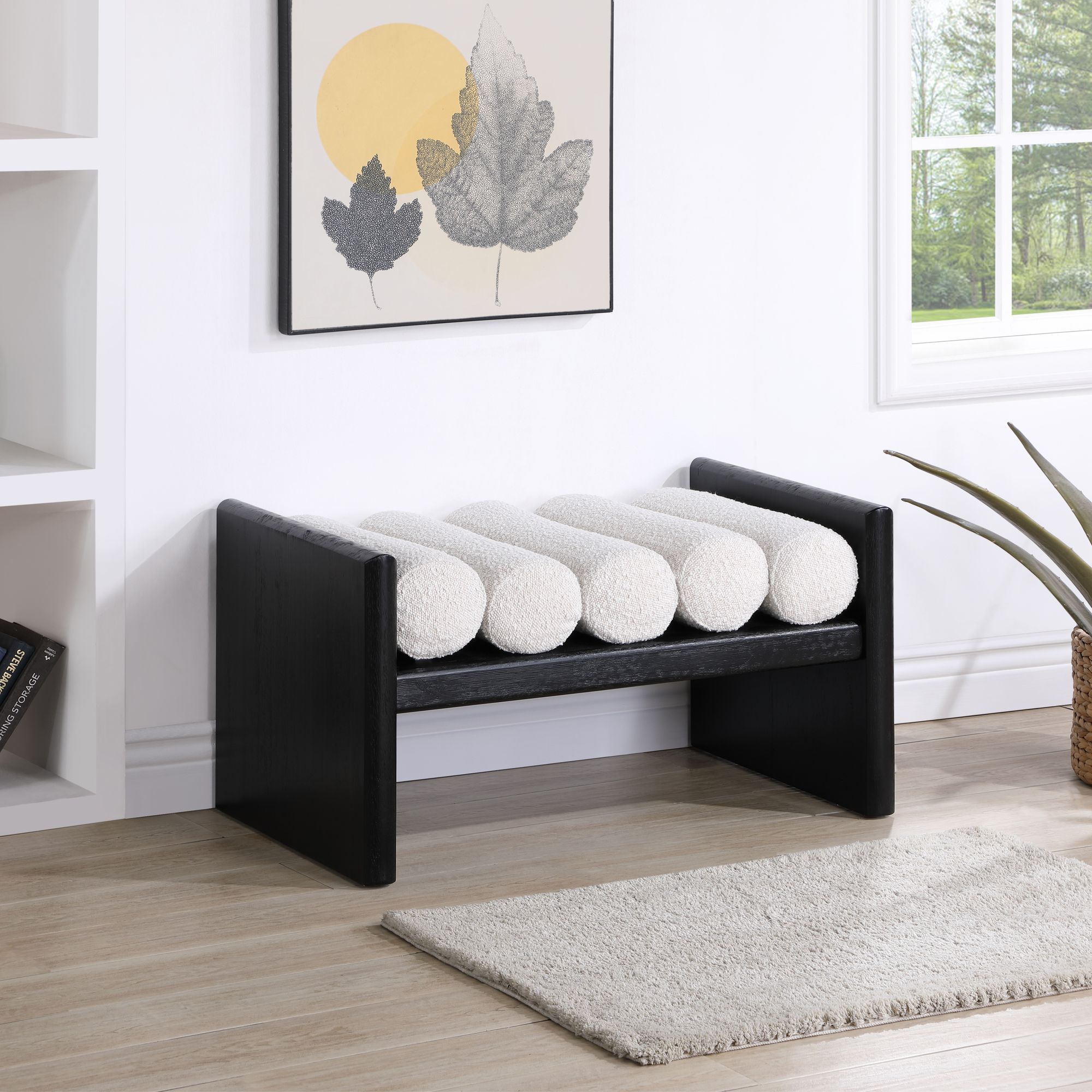 Waverly 32" Boucle Fabric Bench with Solid Wood Rich Black Finish