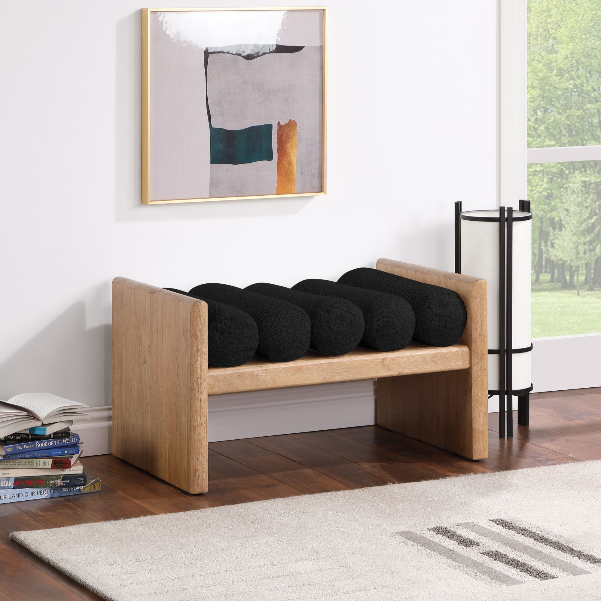 Waverly 32" Boucle Fabric Bench with Solid Wood Rich Natural Finish