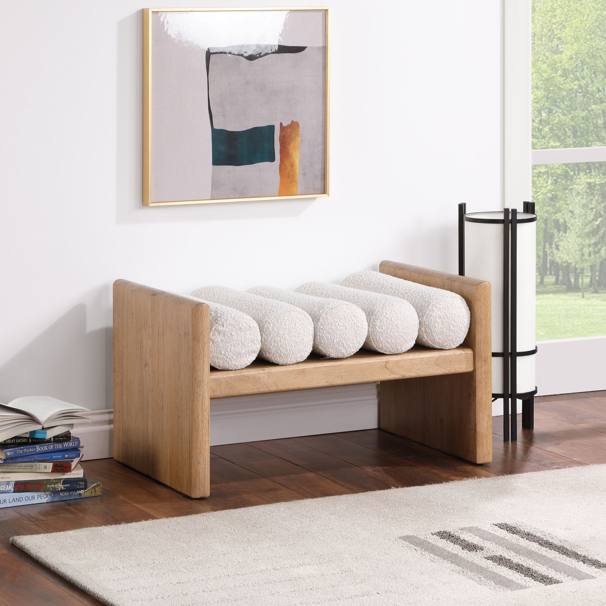 Waverly 32" Boucle Fabric Bench with Solid Wood Rich Natural Finish