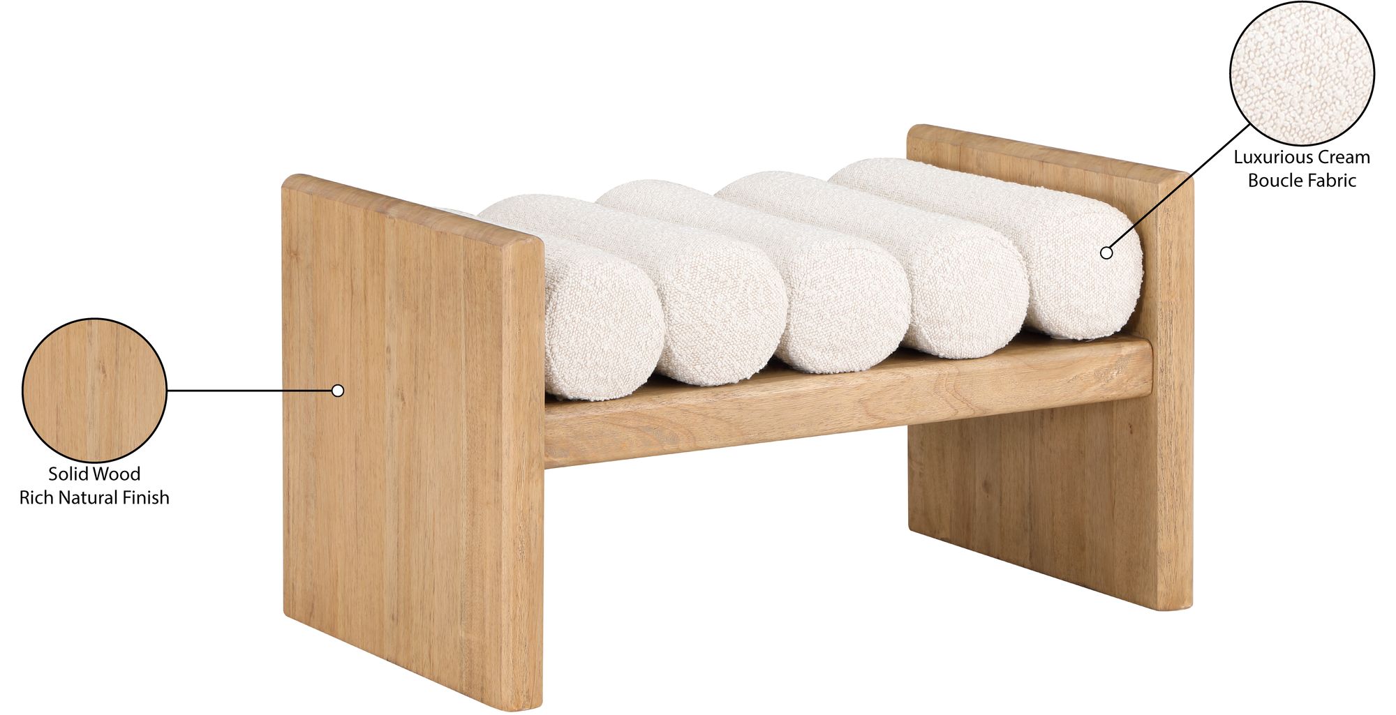 Waverly 32" Boucle Fabric Bench with Solid Wood Rich Natural Finish