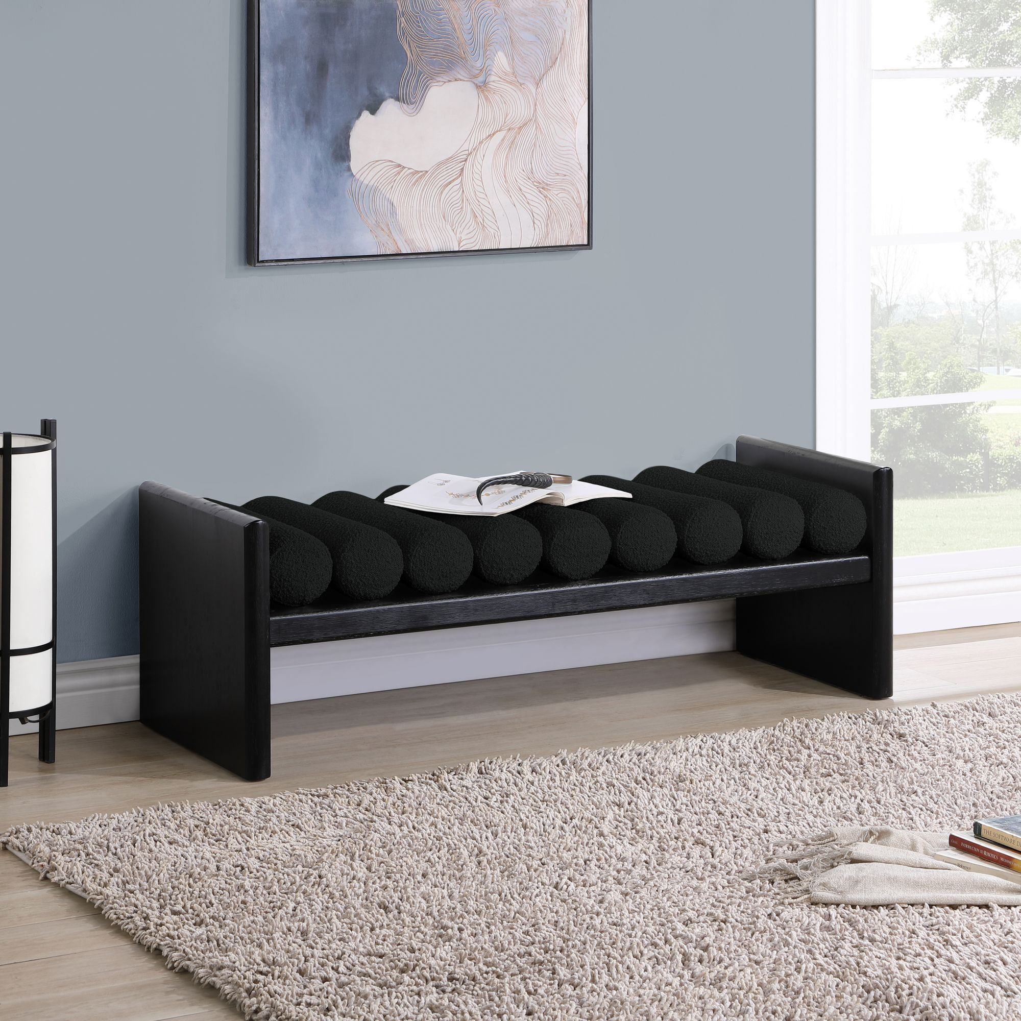 Waverly 52" Boucle Fabric Bench with Solid Wood Rich Black Finish