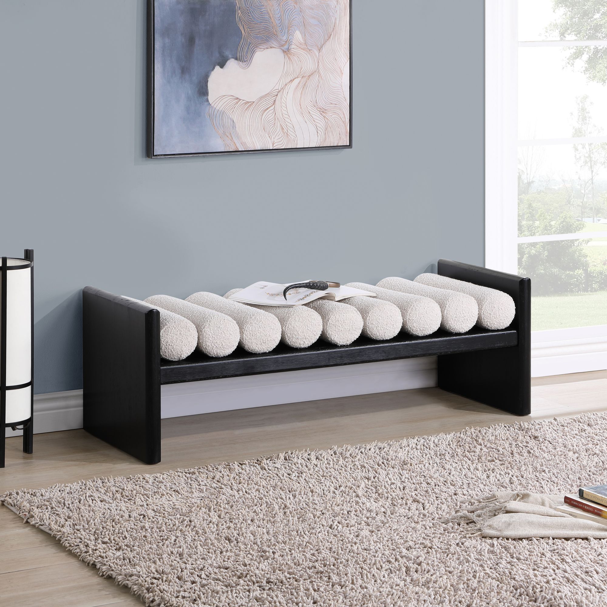 Waverly 52" Boucle Fabric Bench with Solid Wood Rich Black Finish
