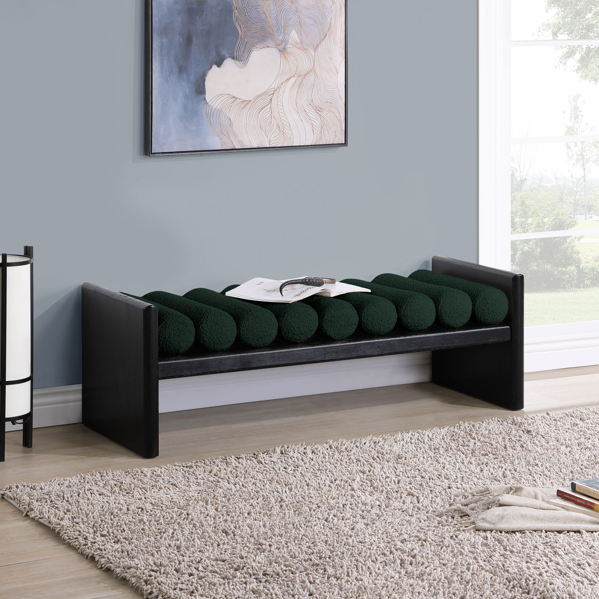 Waverly 52" Boucle Fabric Bench with Solid Wood Rich Black Finish
