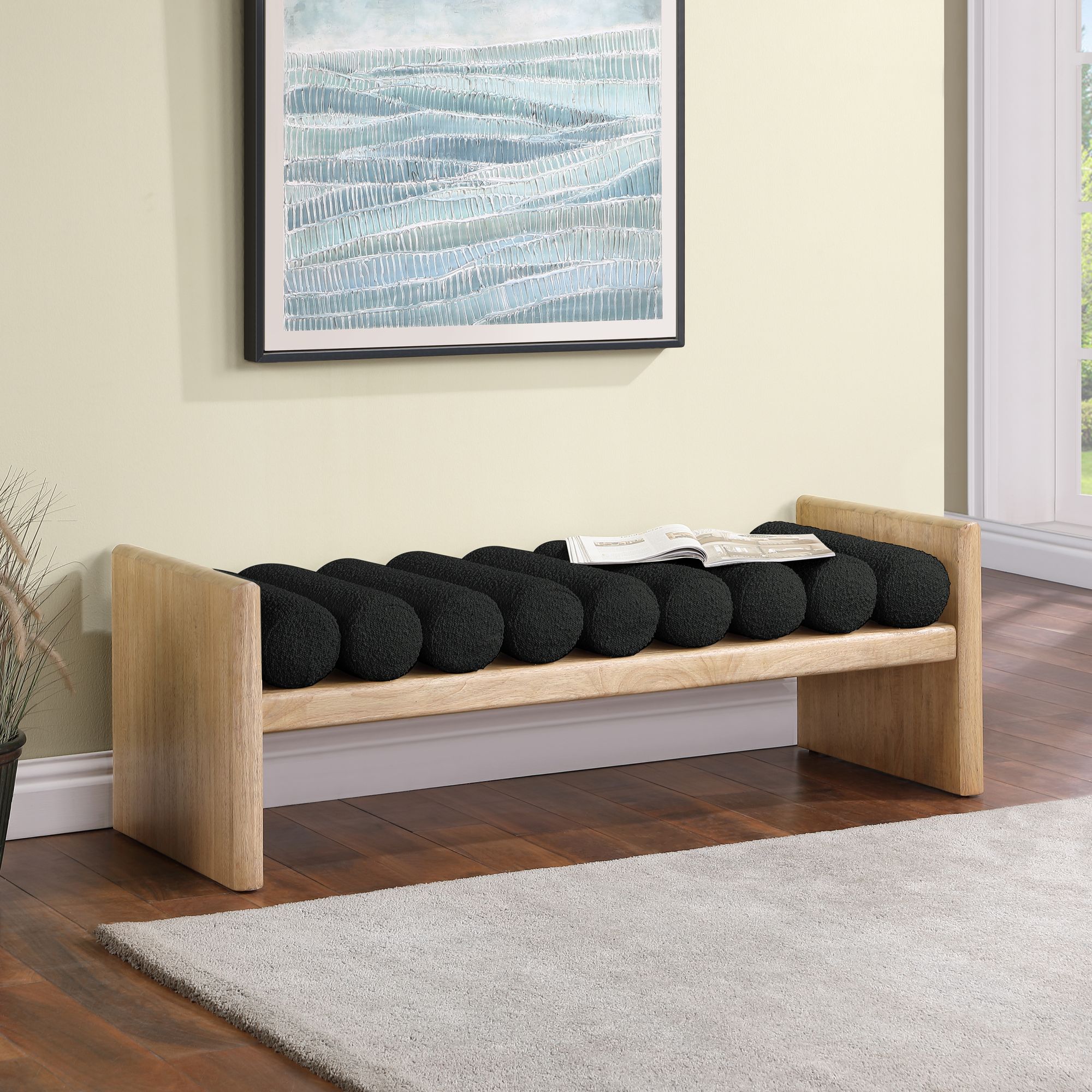 Waverly 52" Boucle Fabric Bench with Solid Wood Rich Natural Finish