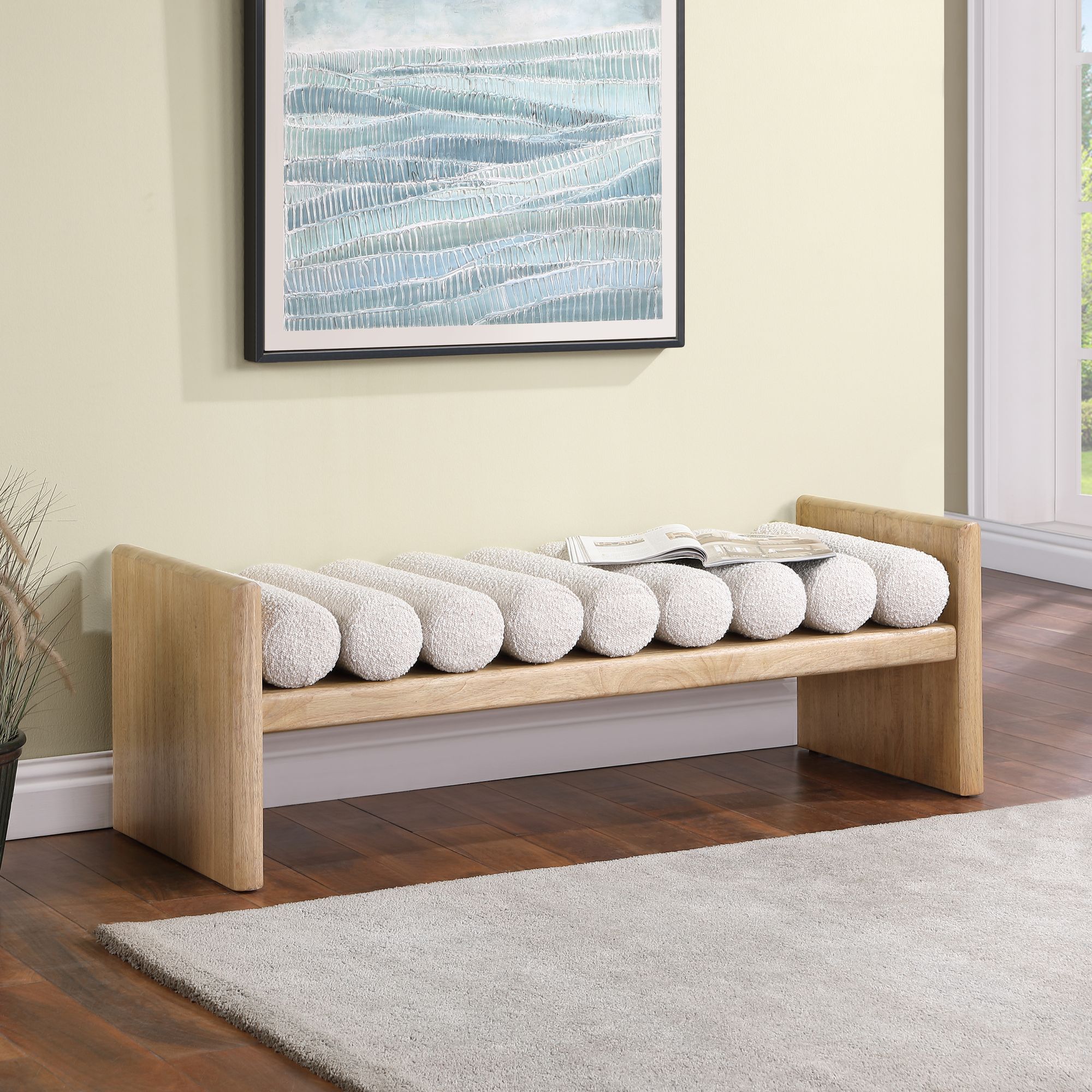 Waverly 52" Boucle Fabric Bench with Solid Wood Rich Natural Finish