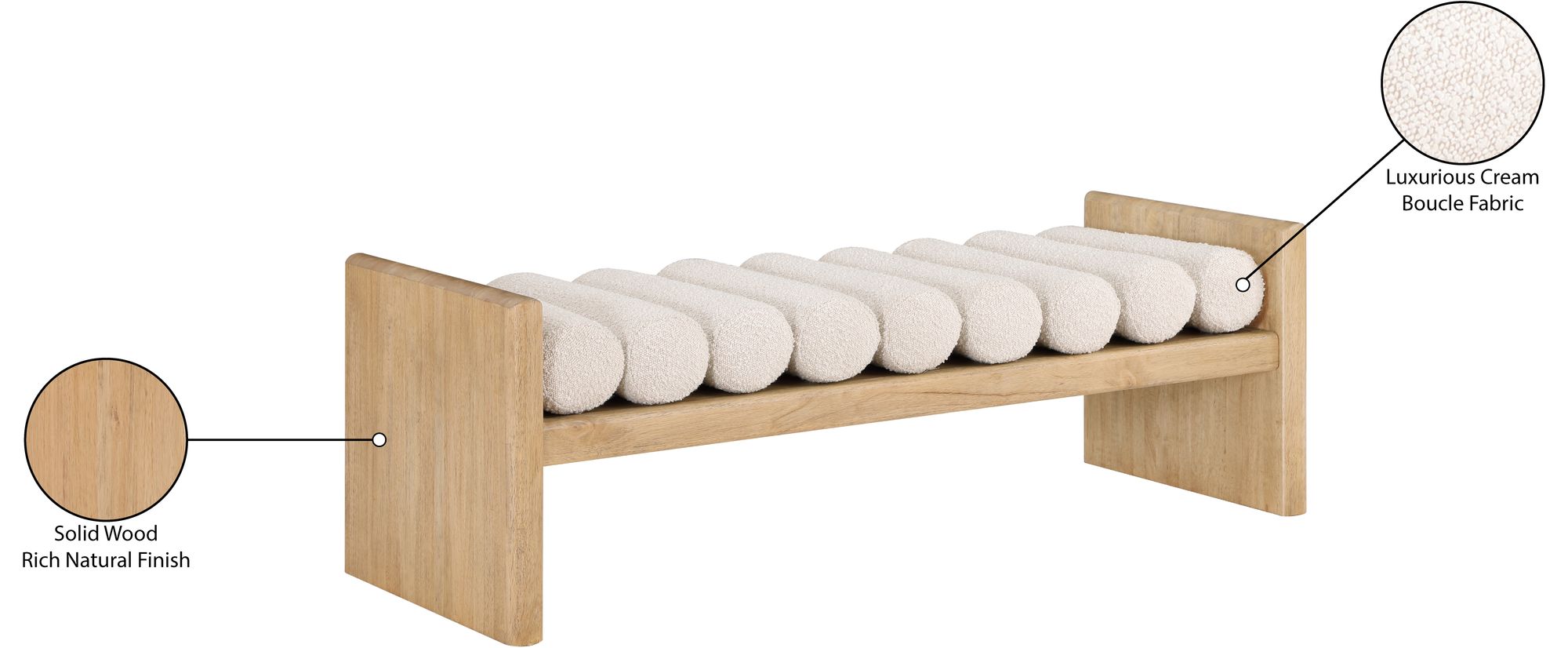 Waverly 52" Boucle Fabric Bench with Solid Wood Rich Natural Finish