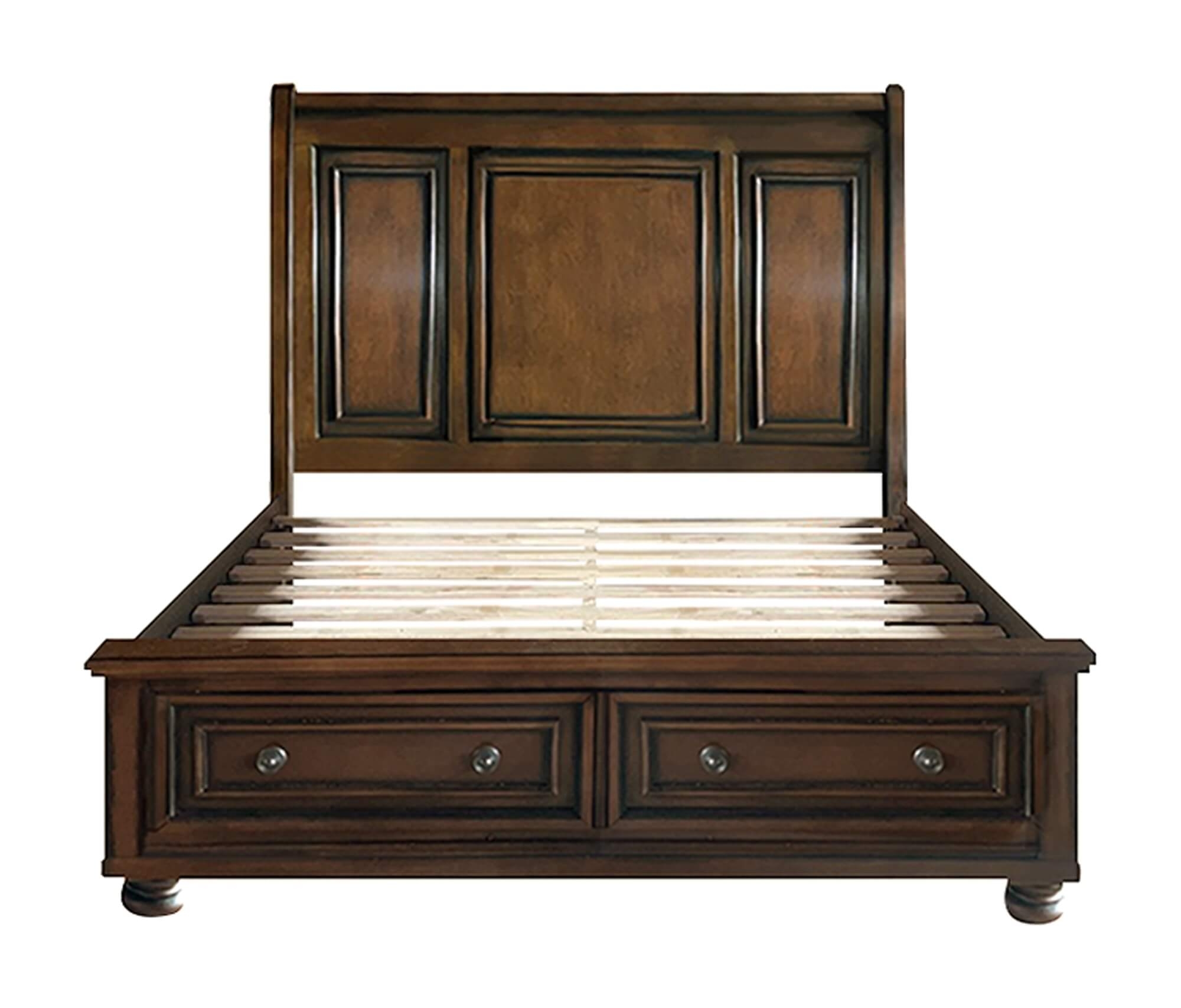 Cumberland Wood/Wood Veneer Sleigh Platform Bed w/ Footboard Storage, Queen Size