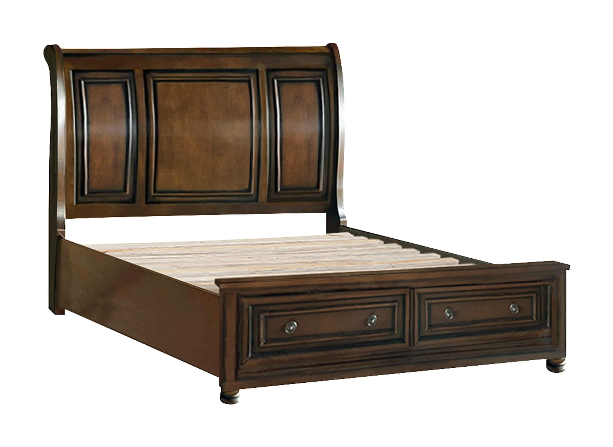 Cumberland Wood/Wood Veneer Sleigh Platform Bed w/ Footboard Storage, King Size