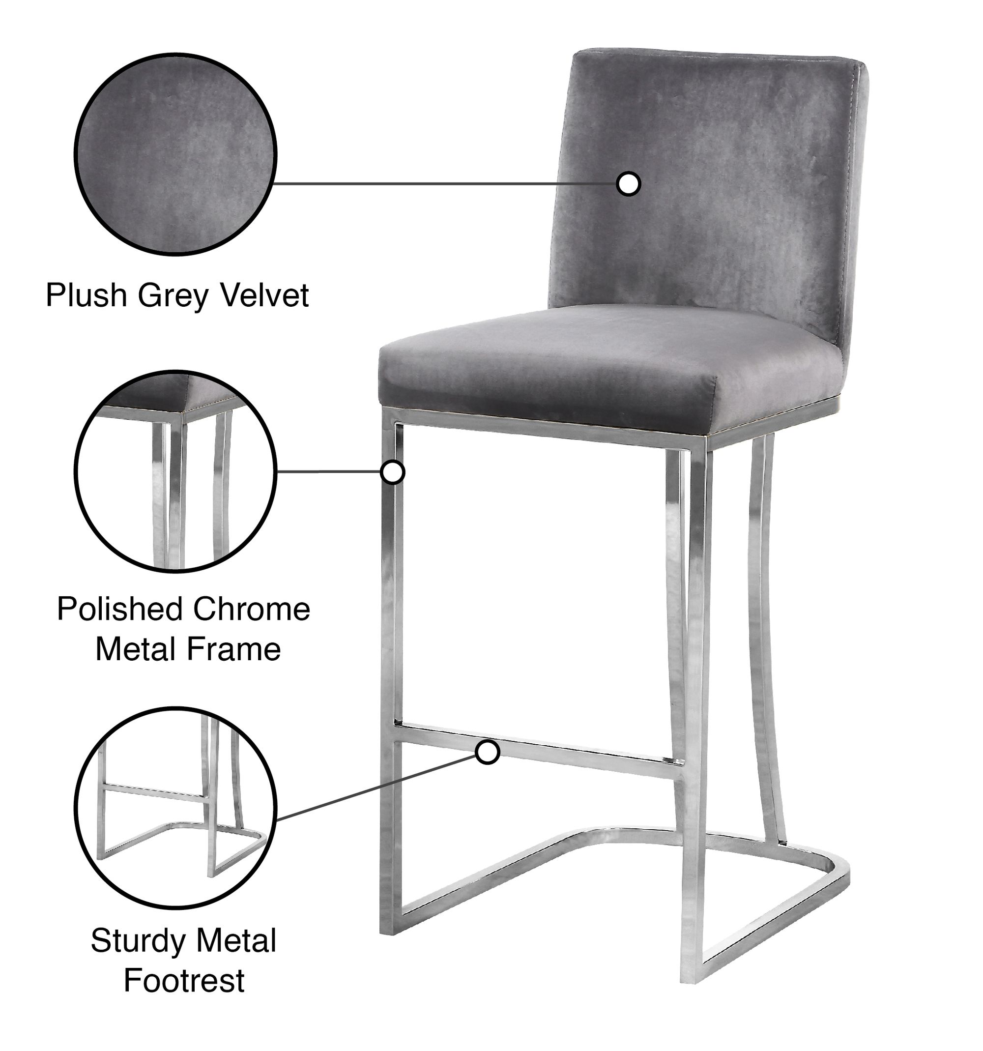 Heidi Velvet Counter Stool with Polished Chrome Metal Frame