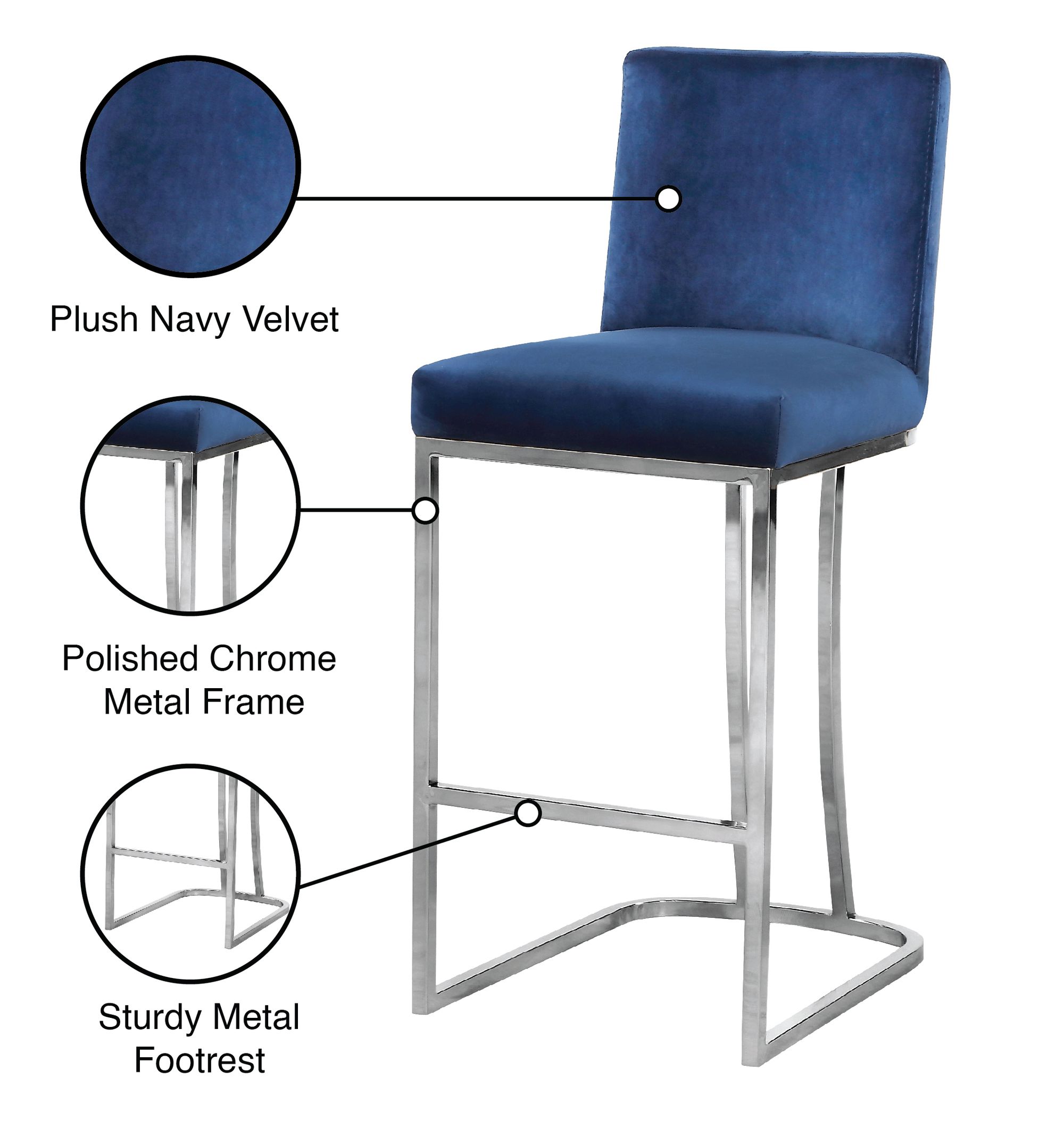 Heidi Velvet Counter Stool with Polished Chrome Metal Frame