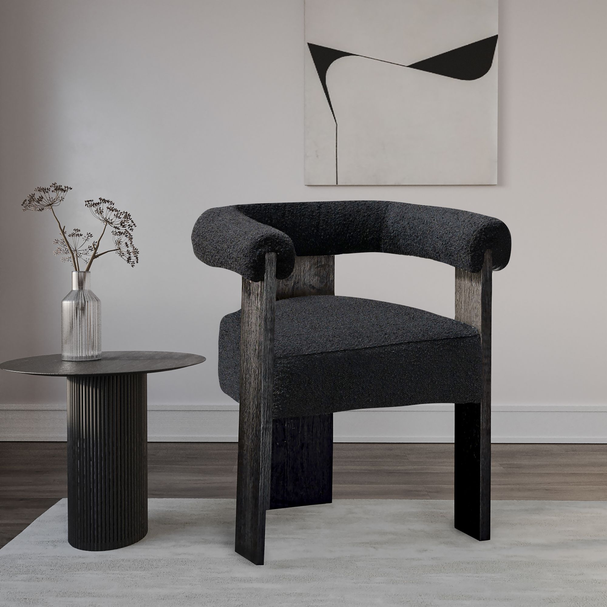 Barrel Boucle Fabric Dining Chair with Solid Wood Black Frame