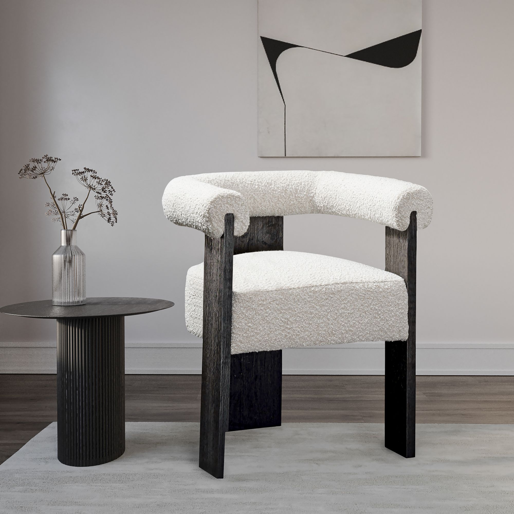 Barrel Boucle Fabric Dining Chair with Solid Wood Black Frame