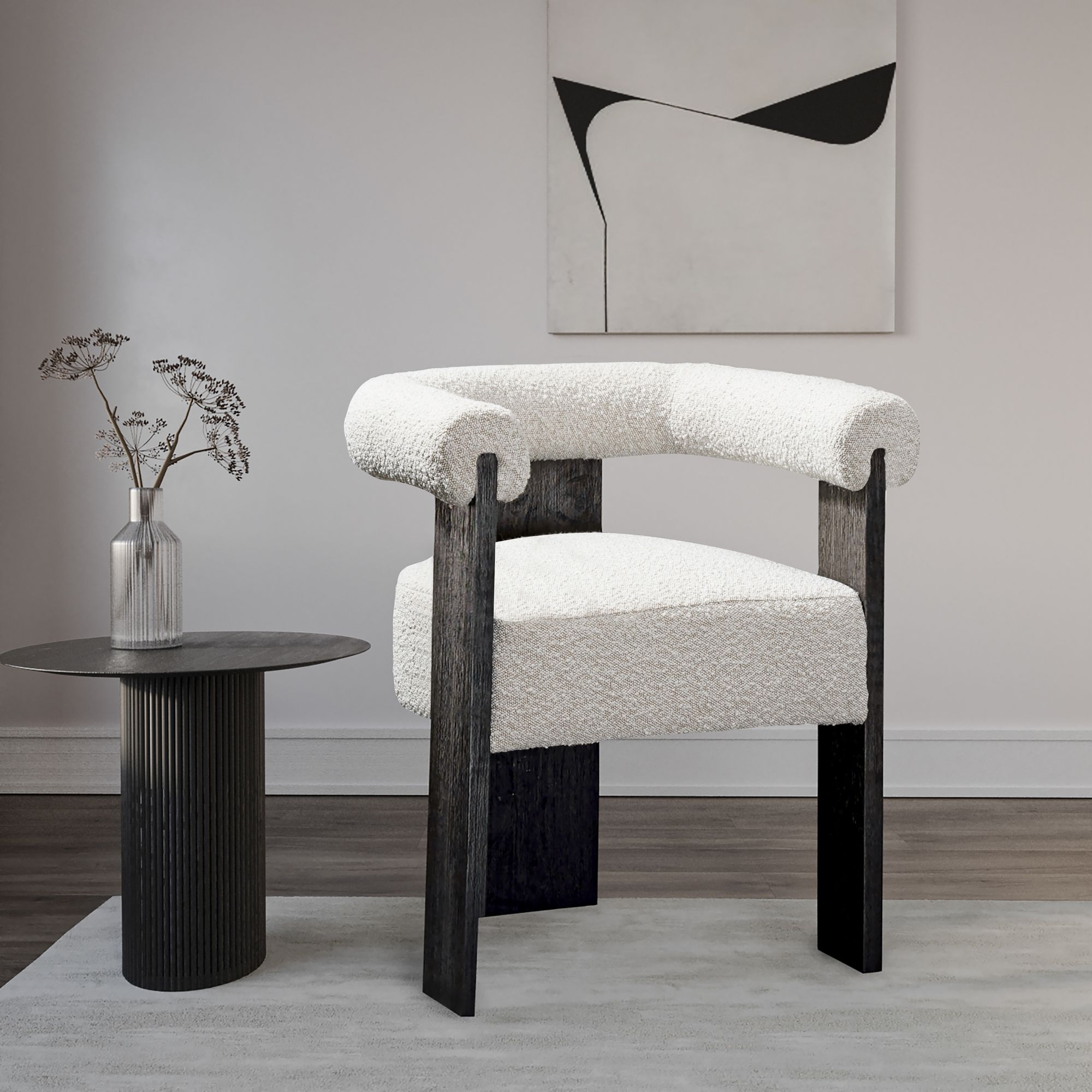 Barrel Boucle Fabric Dining Chair with Solid Wood Black Frame