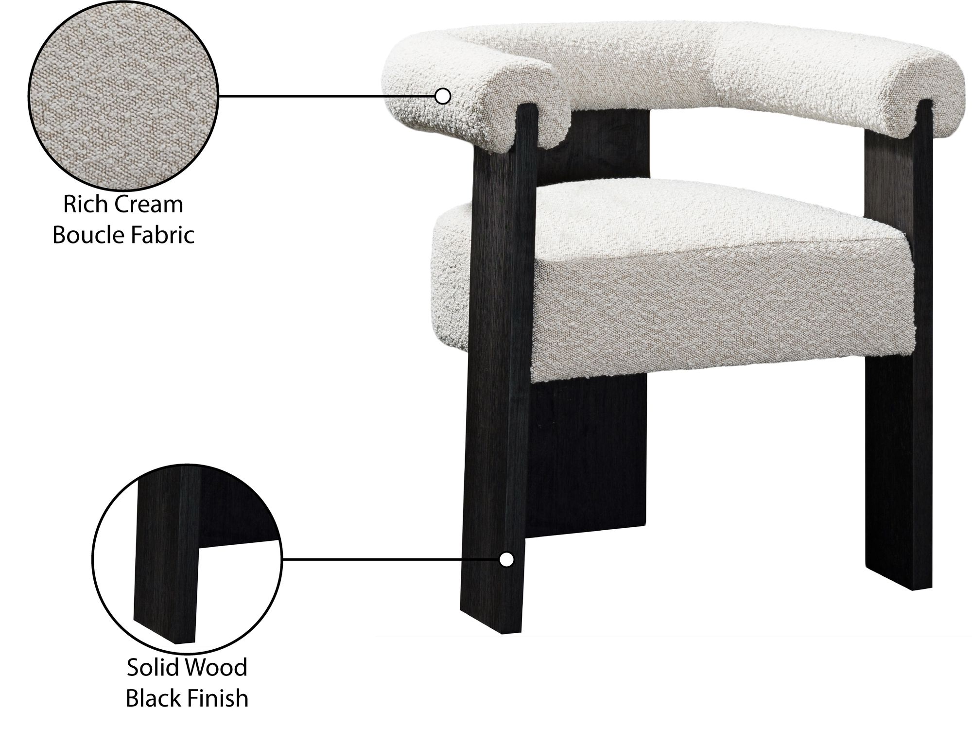 Barrel Boucle Fabric Dining Chair with Solid Wood Black Frame