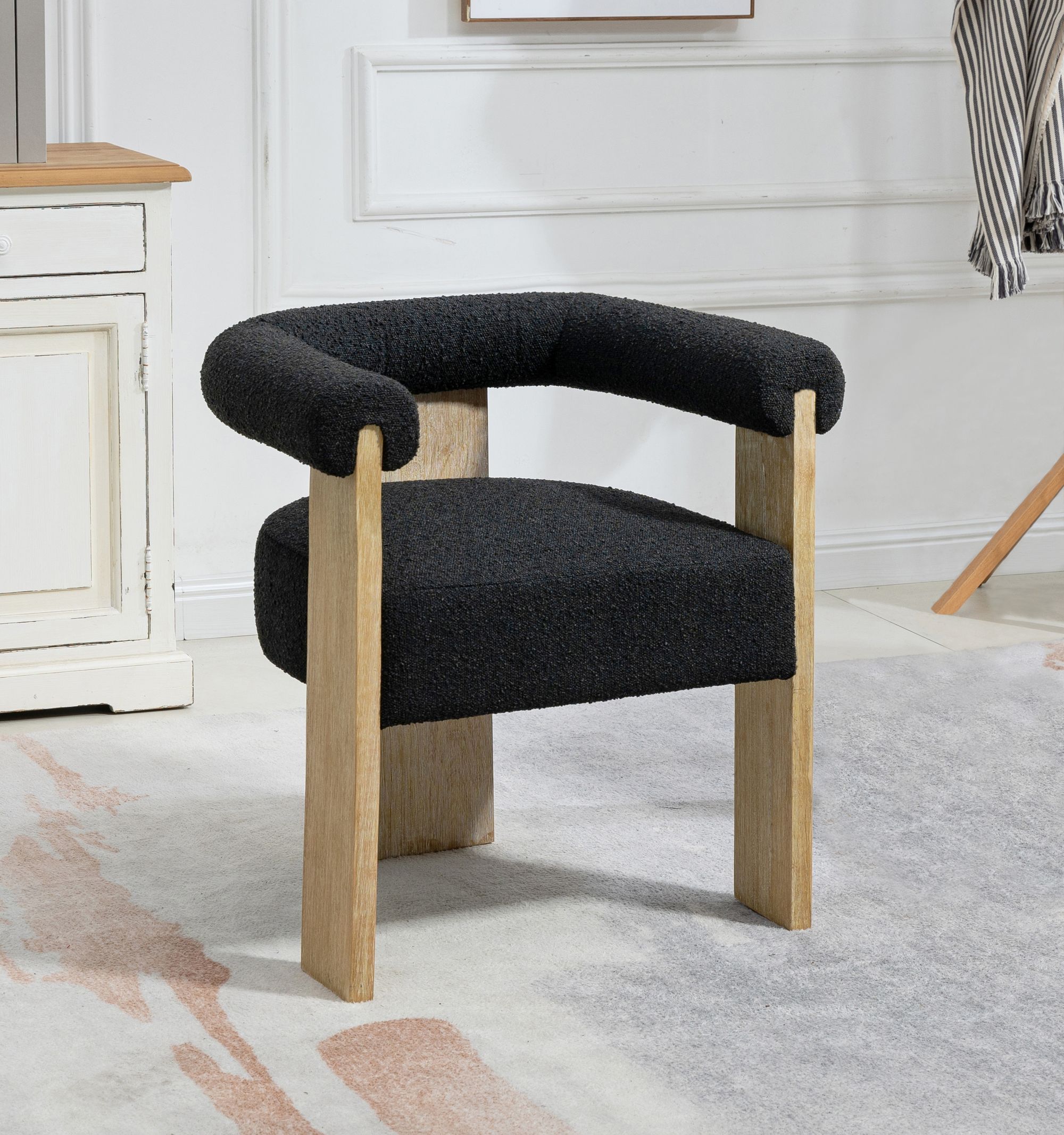Barrel Boucle Fabric Dining Chair with Solid Wood Natural Frame