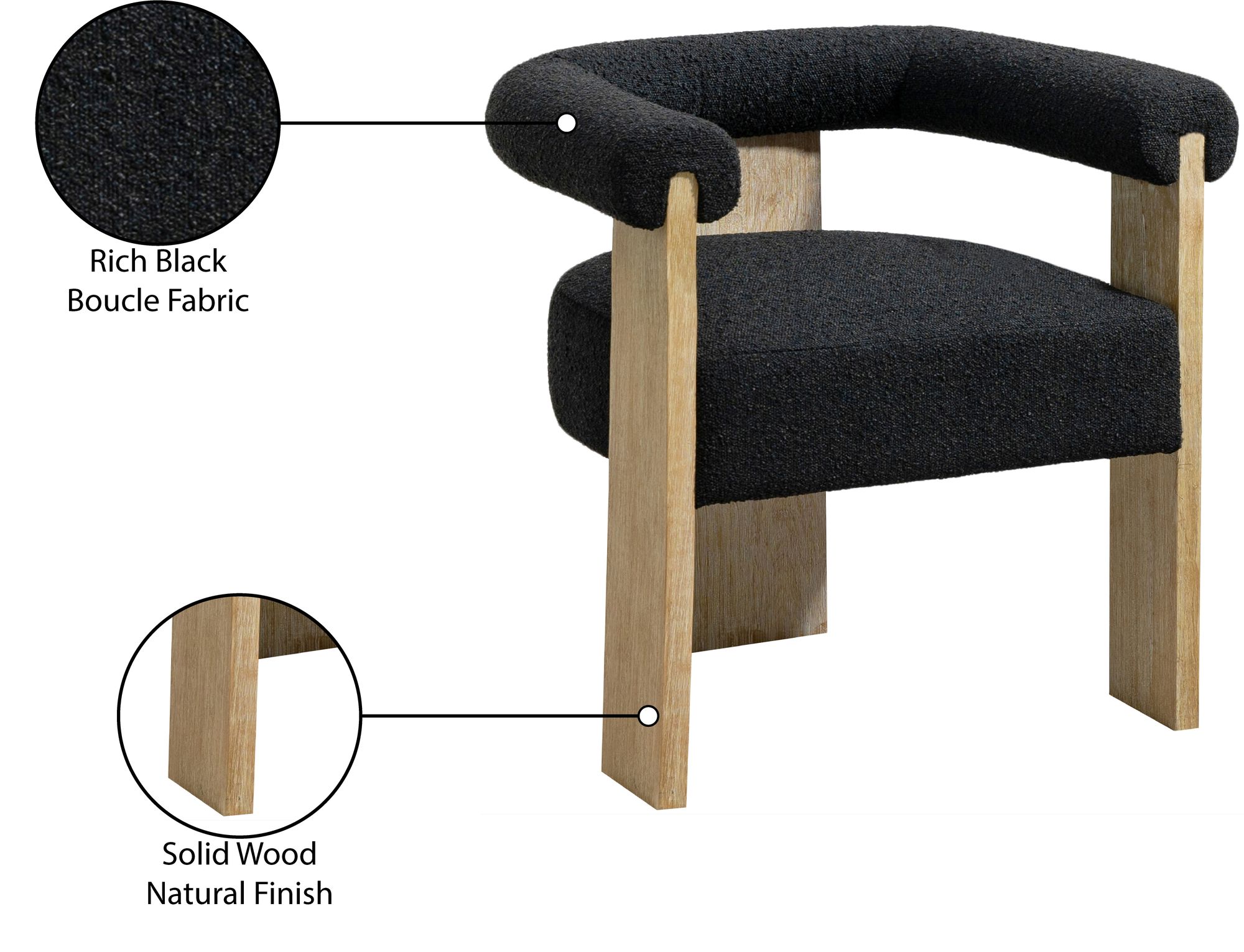 Barrel Boucle Fabric Dining Chair with Solid Wood Natural Frame