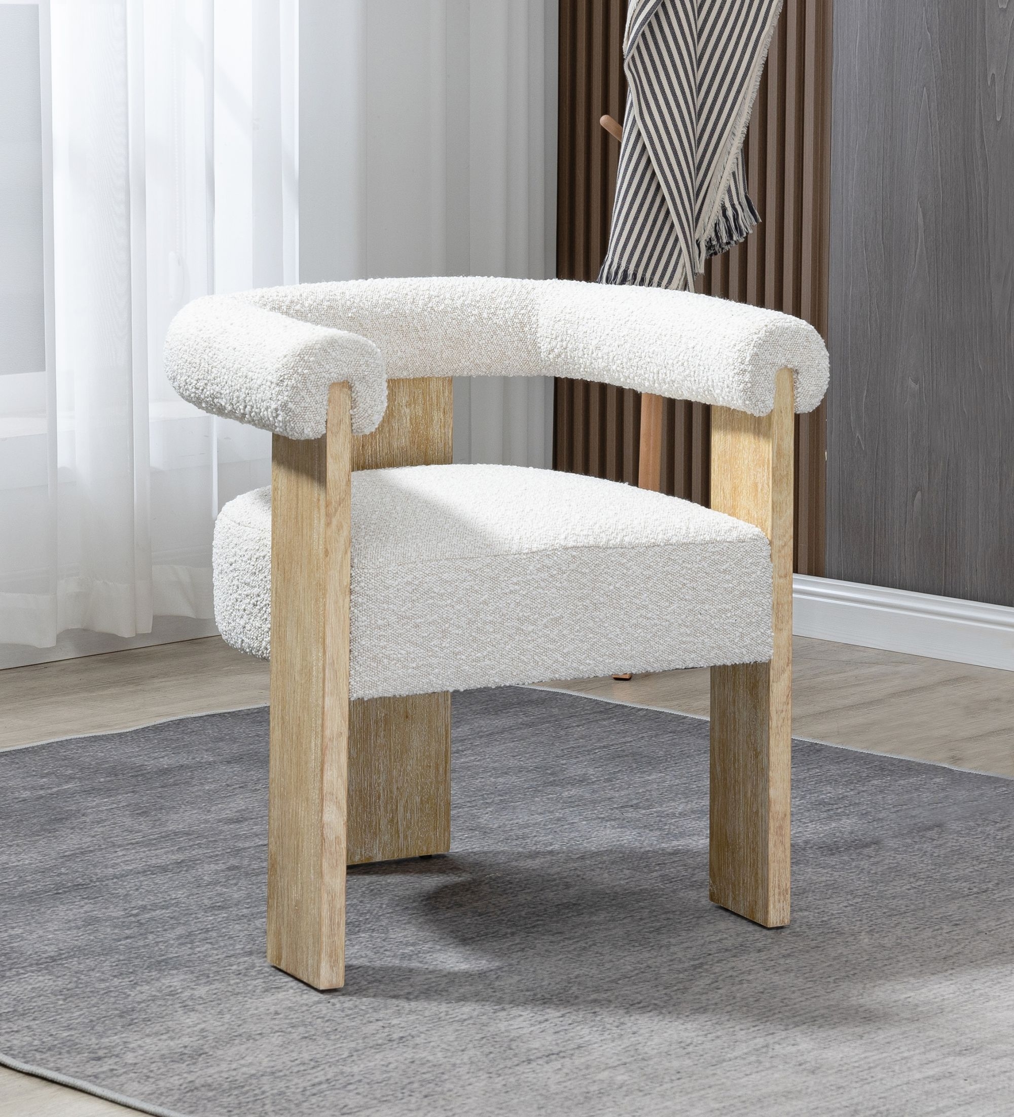 Barrel Boucle Fabric Dining Chair with Solid Wood Black Frame