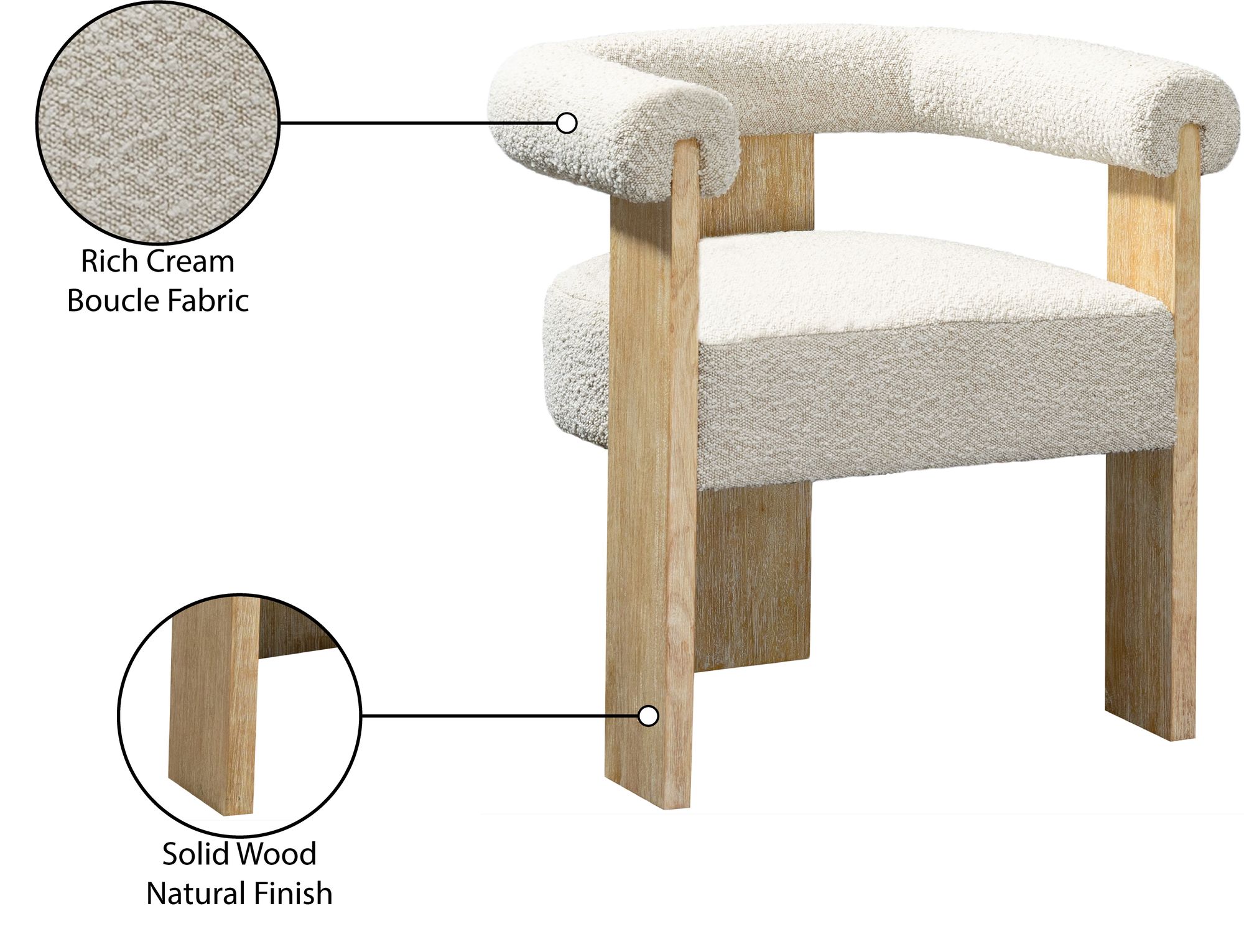 Barrel Boucle Fabric Dining Chair with Solid Wood Natural Frame