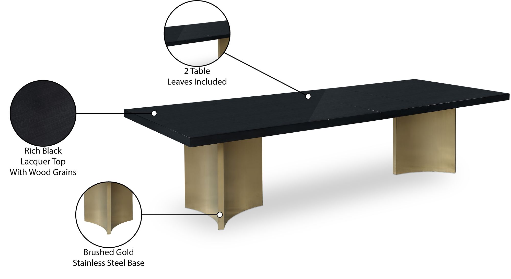 Immerse Extendable Rectangular Lacquer Dining Table with Brushed Gold Stainless Steel Base