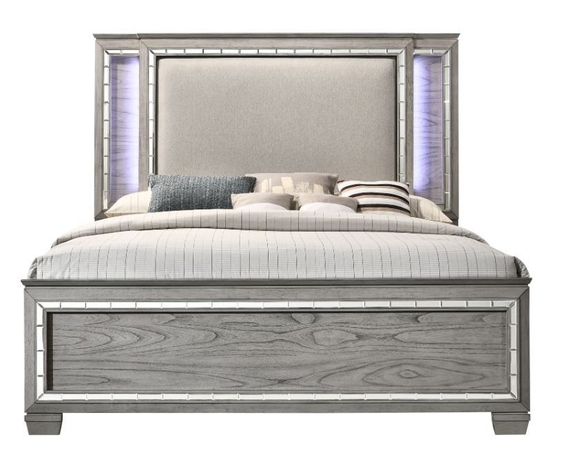 Antares Fabric/Wood Panel Bed w/LED Headboard