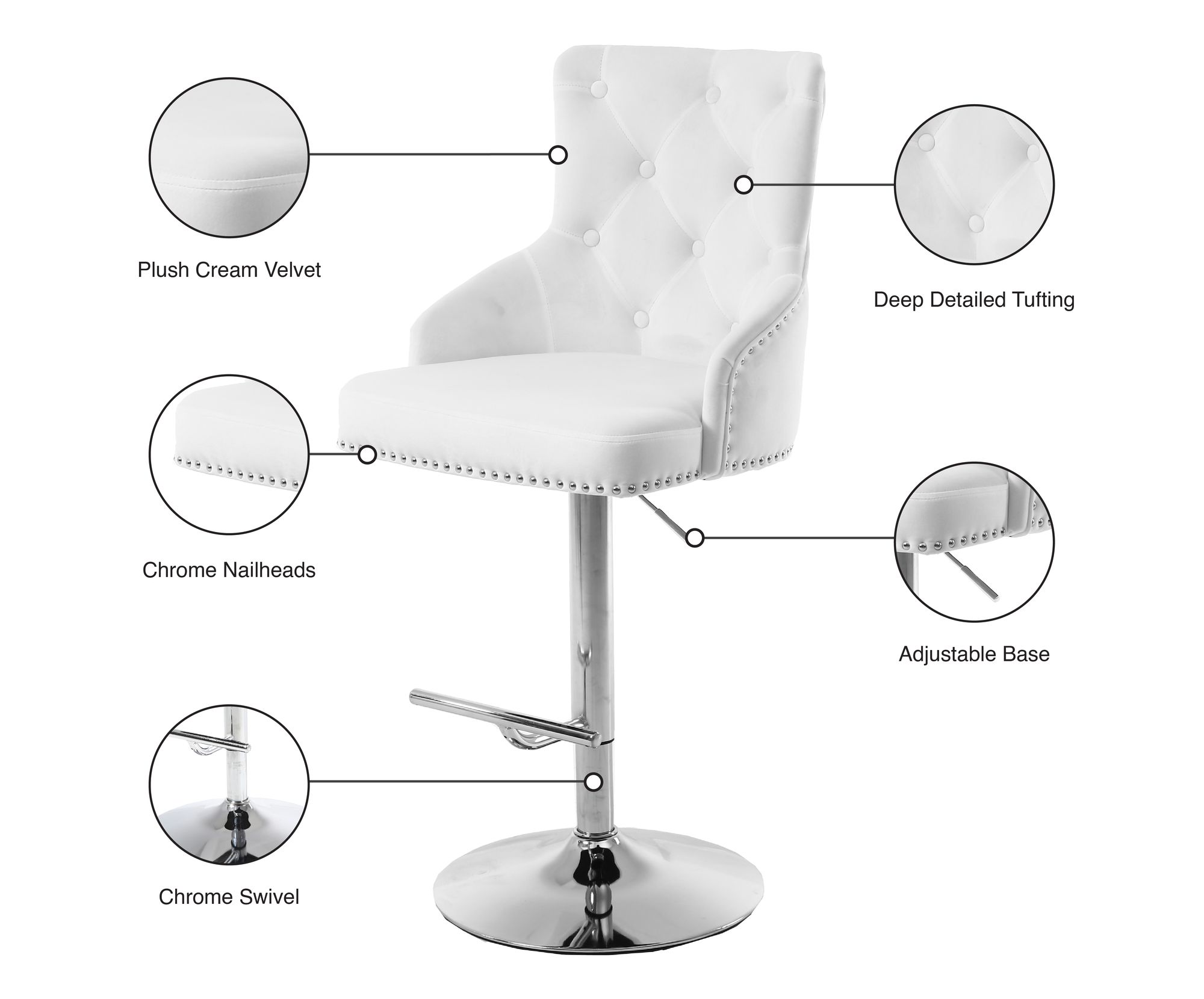 Claude Velvet Adjustable Stool with Chrome Base
