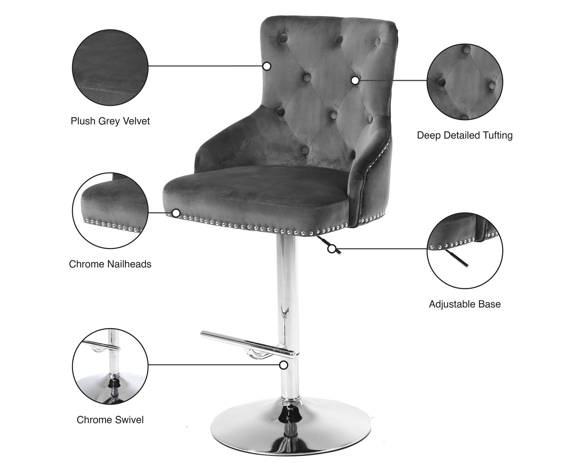 Claude Velvet Adjustable Stool with Chrome Base