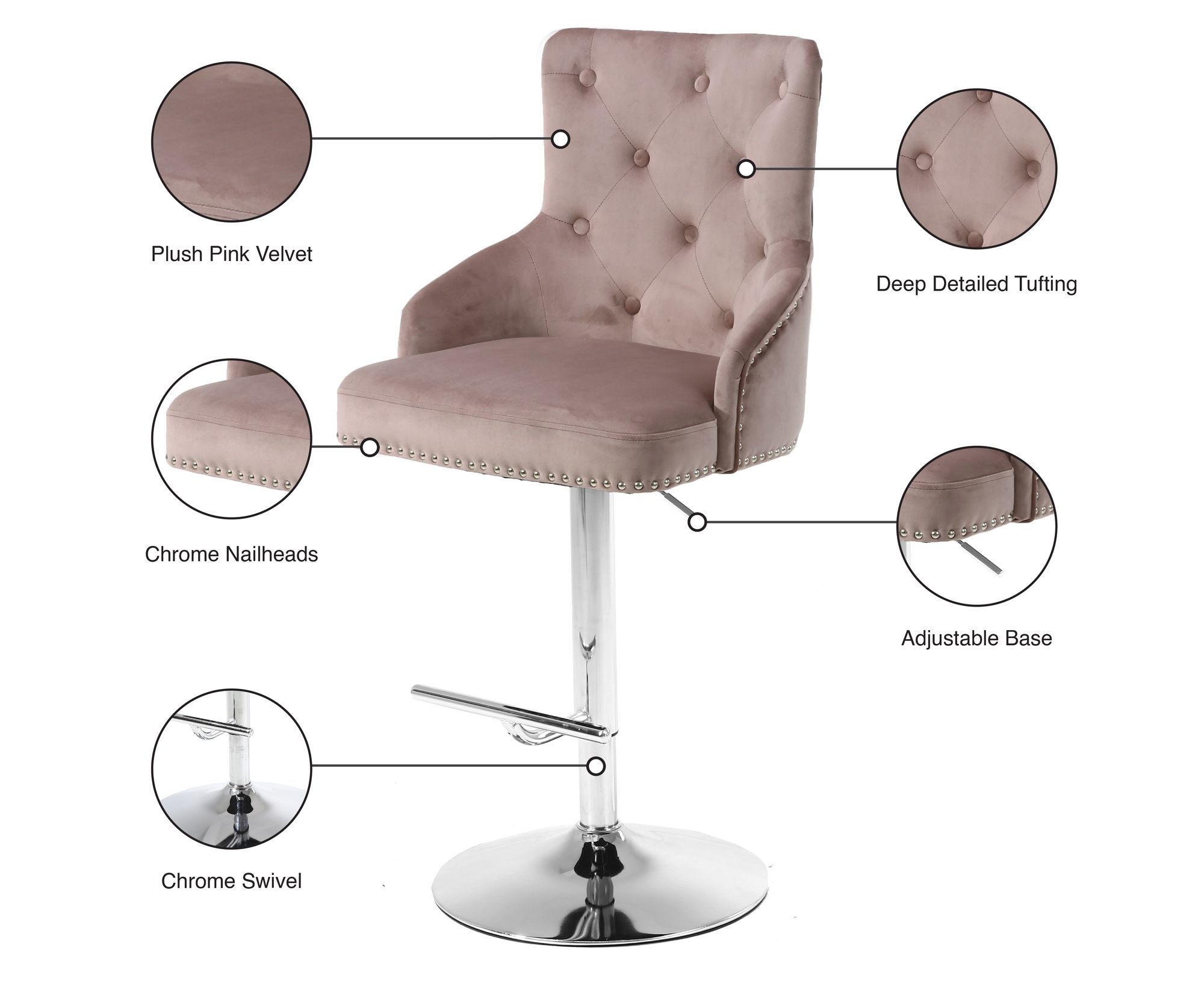 Claude Velvet Adjustable Stool with Chrome Base